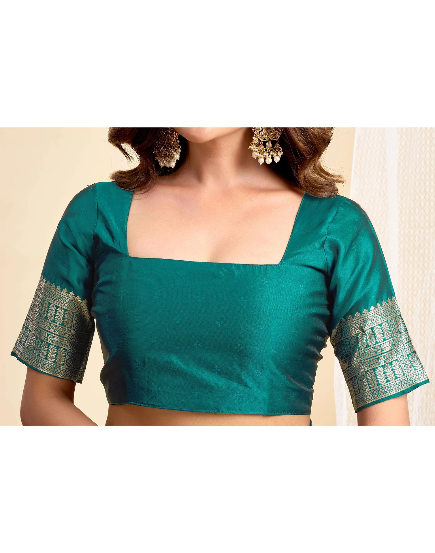 Teal Green Silk Woven Banarasi Saree - Image 7