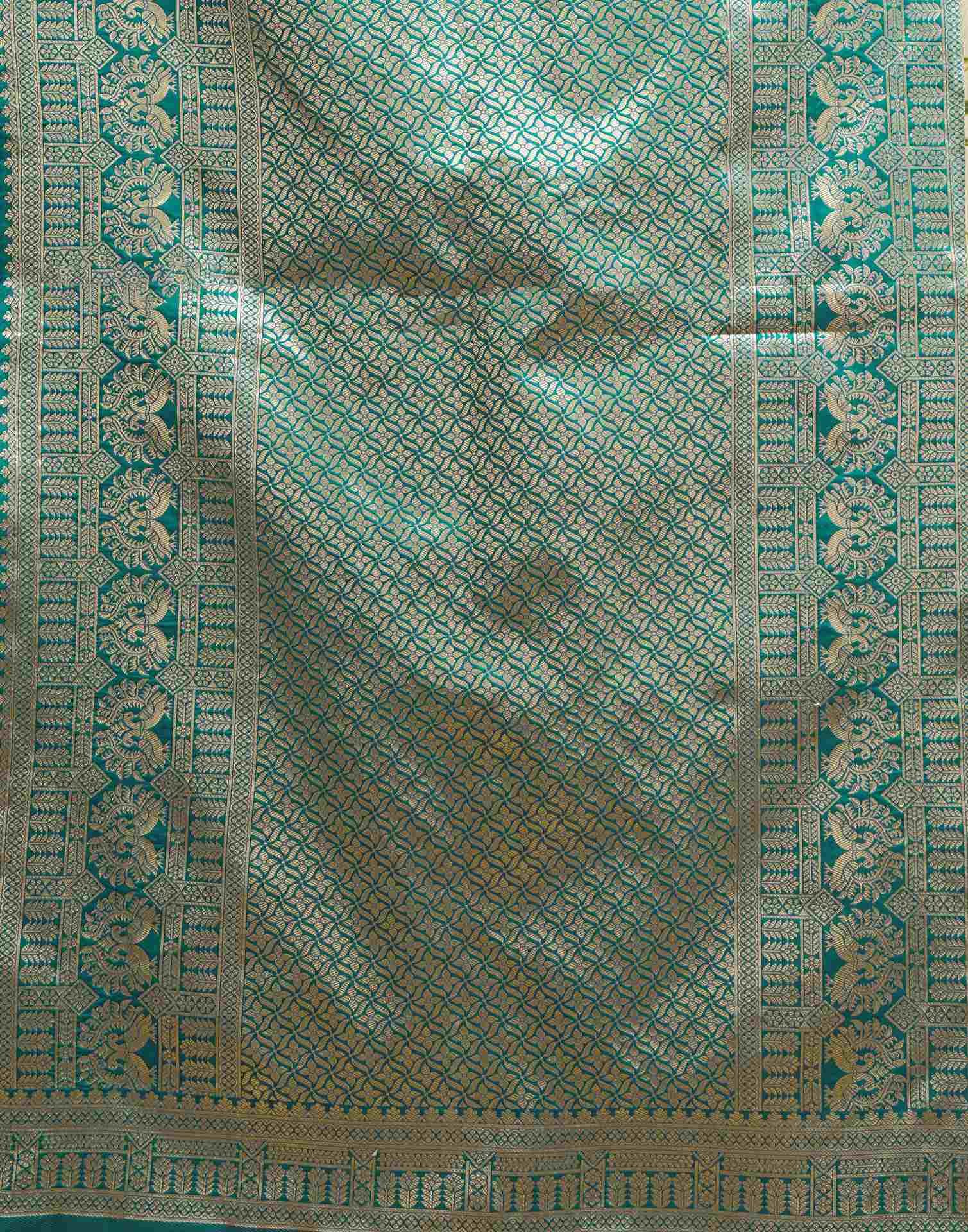 Teal Green Silk Woven Banarasi Saree - Image 8