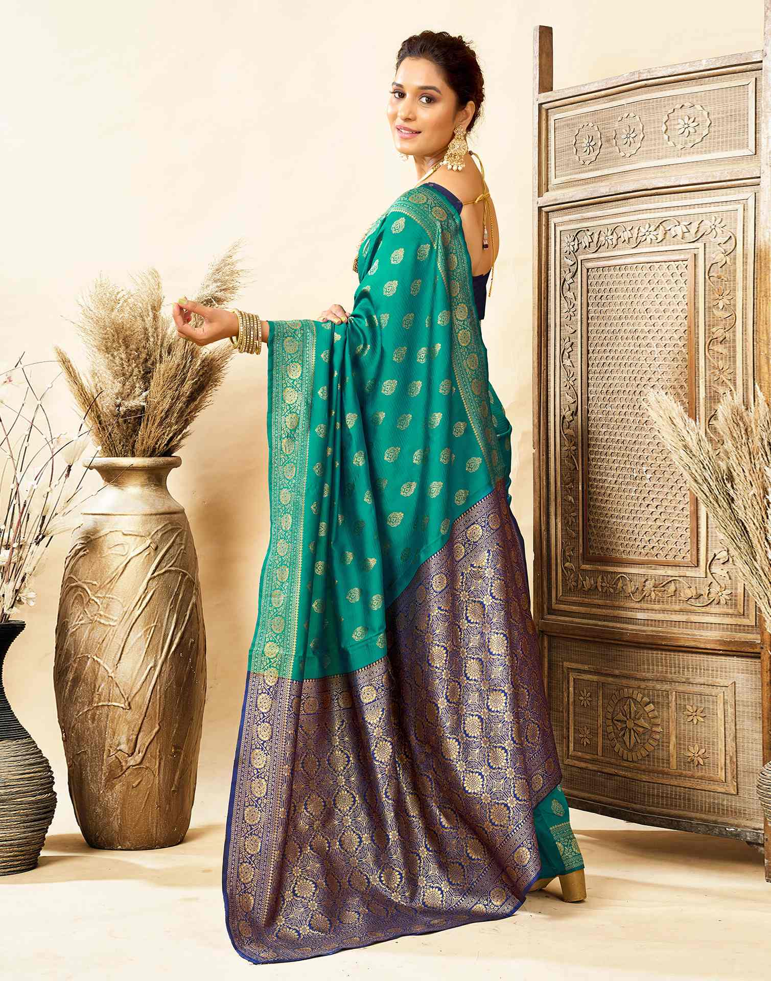 Teal Green Silk Woven Banarasi Saree - Image 6