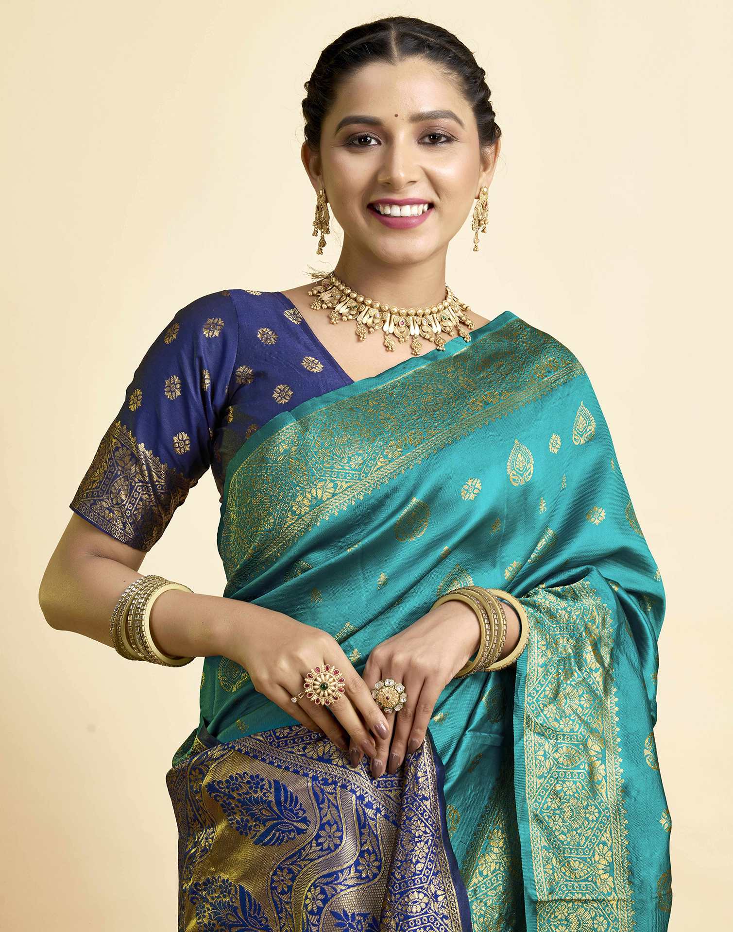 Teal Green Silk Woven Banarasi Saree - Image 2
