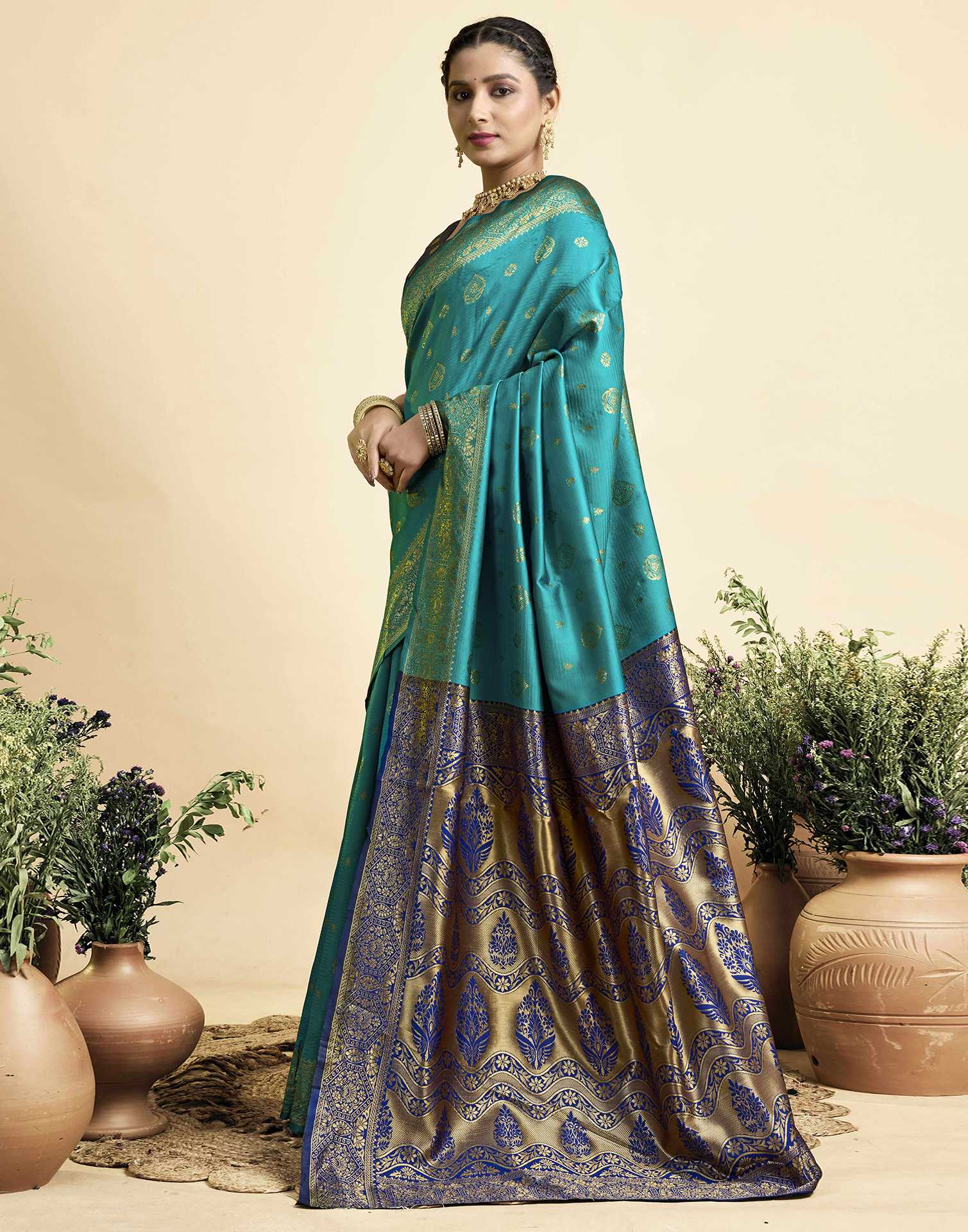 Teal Green Silk Woven Banarasi Saree - Image 4
