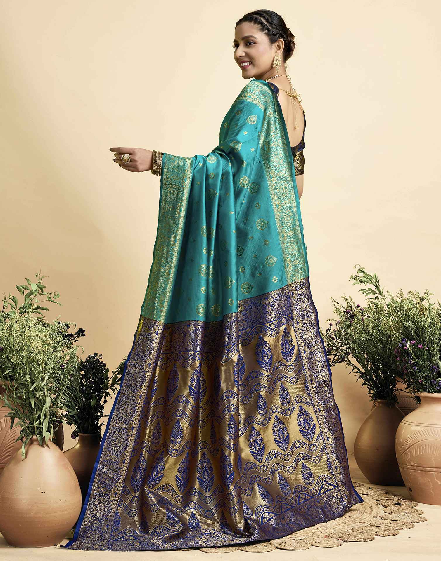 Teal Green Silk Woven Banarasi Saree - Image 6