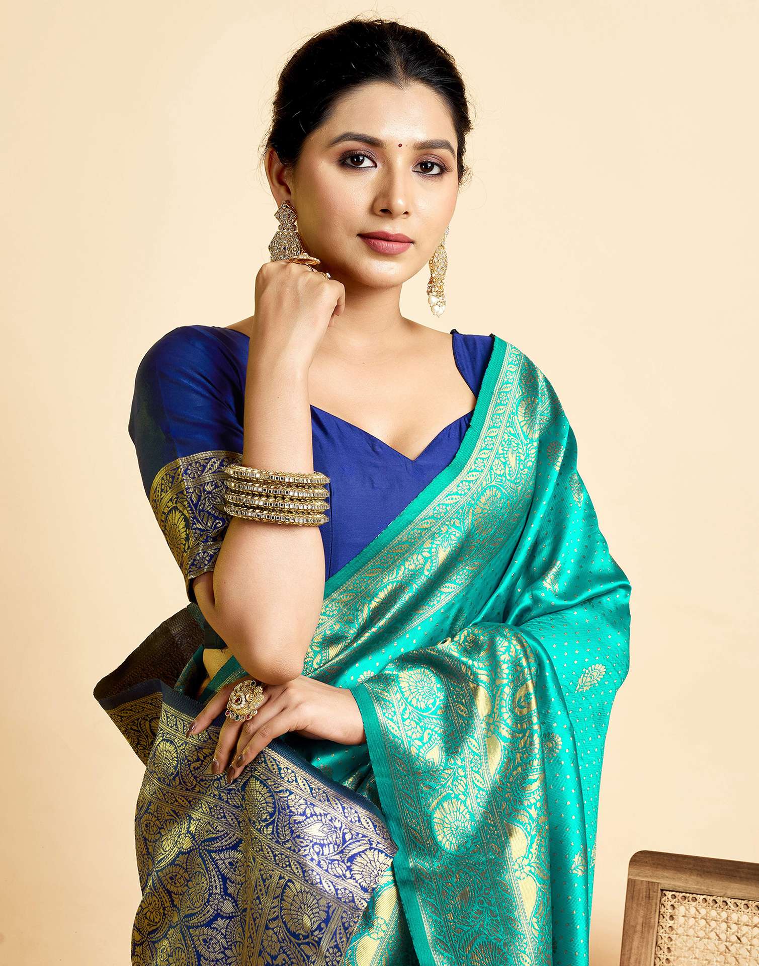 Teal Green Silk Woven Banarasi Saree - Image 2
