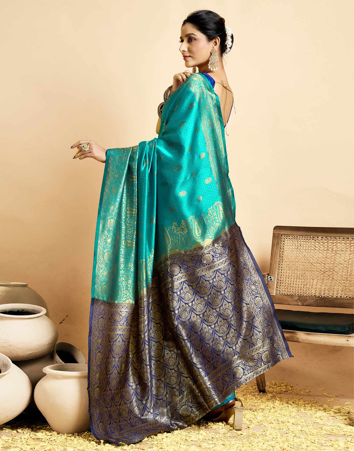 Teal Green Silk Woven Banarasi Saree - Image 6
