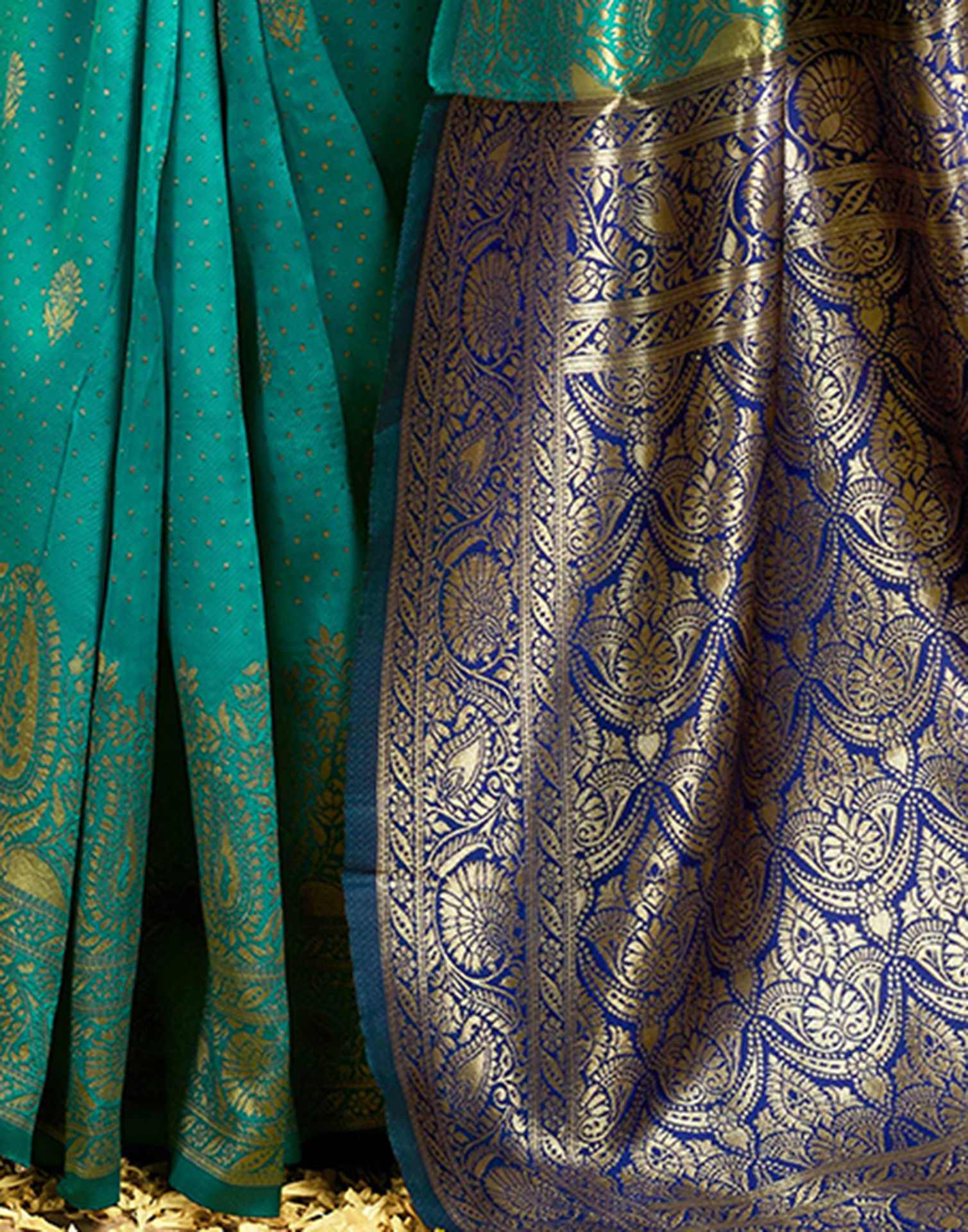 Teal Green Silk Woven Banarasi Saree - Image 8