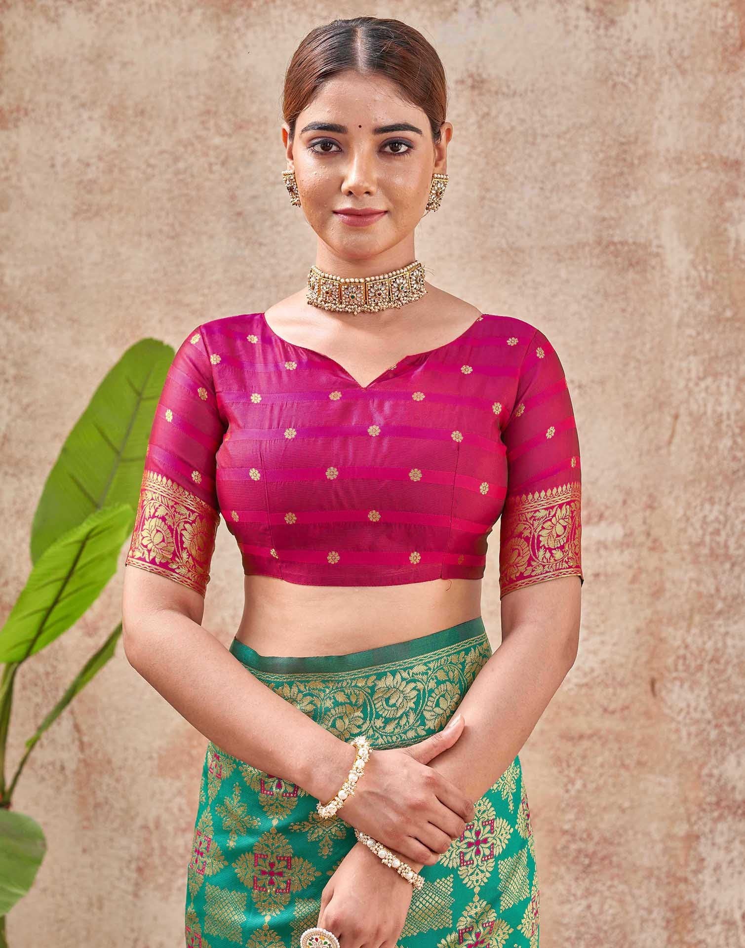 Teal Green Silk Woven Banarasi Saree - Image 10