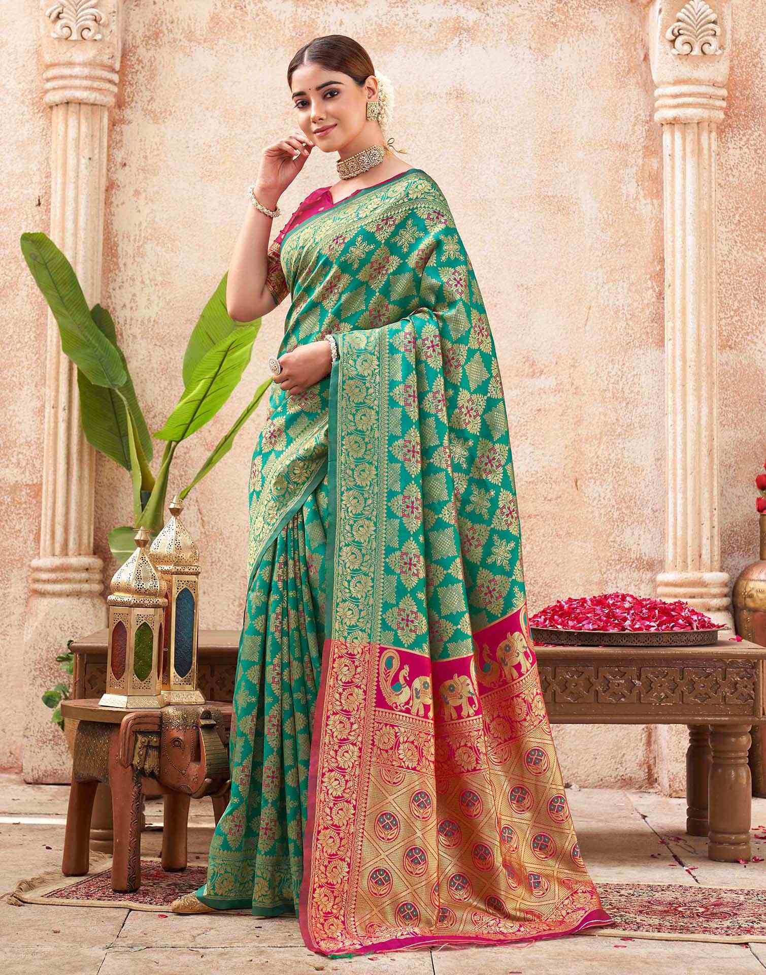 Teal Green Silk Woven Banarasi Saree - Image 4