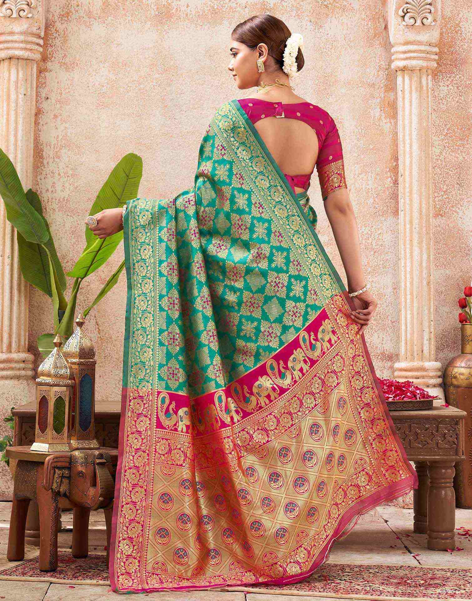 Teal Green Silk Woven Banarasi Saree - Image 5