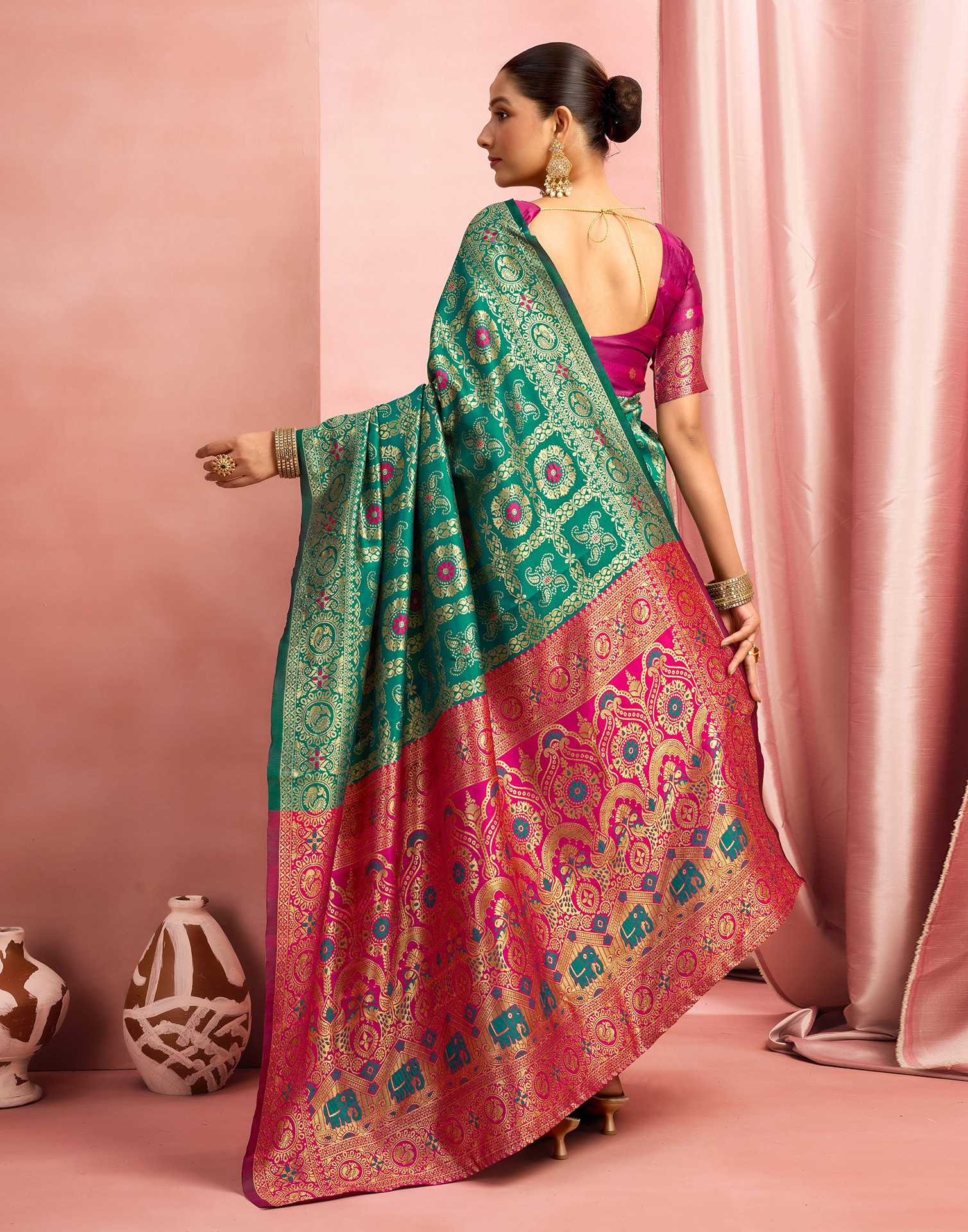 Teal Green Silk Woven Banarasi Saree - Image 5