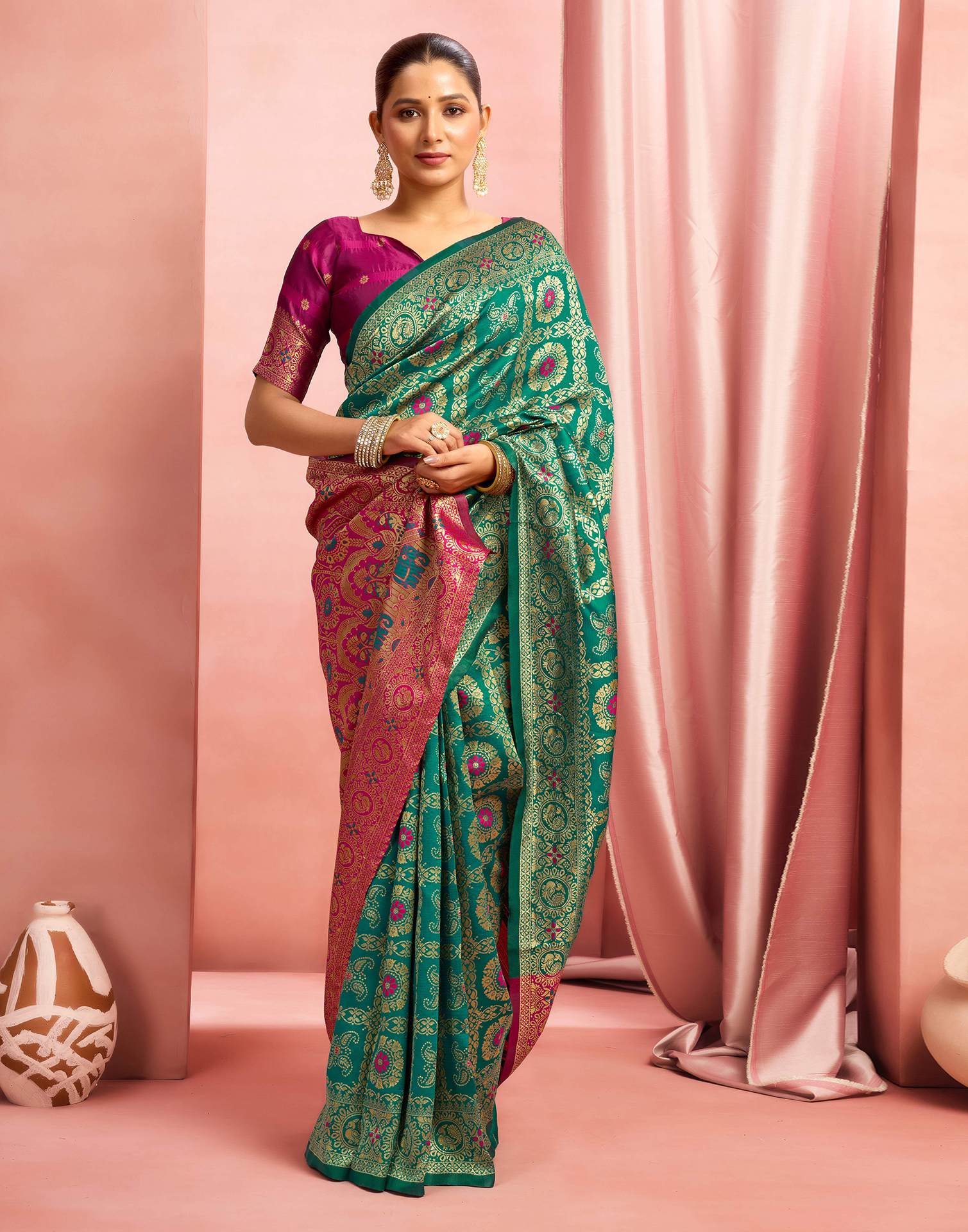 Teal Green Silk Woven Banarasi Saree - Image 6