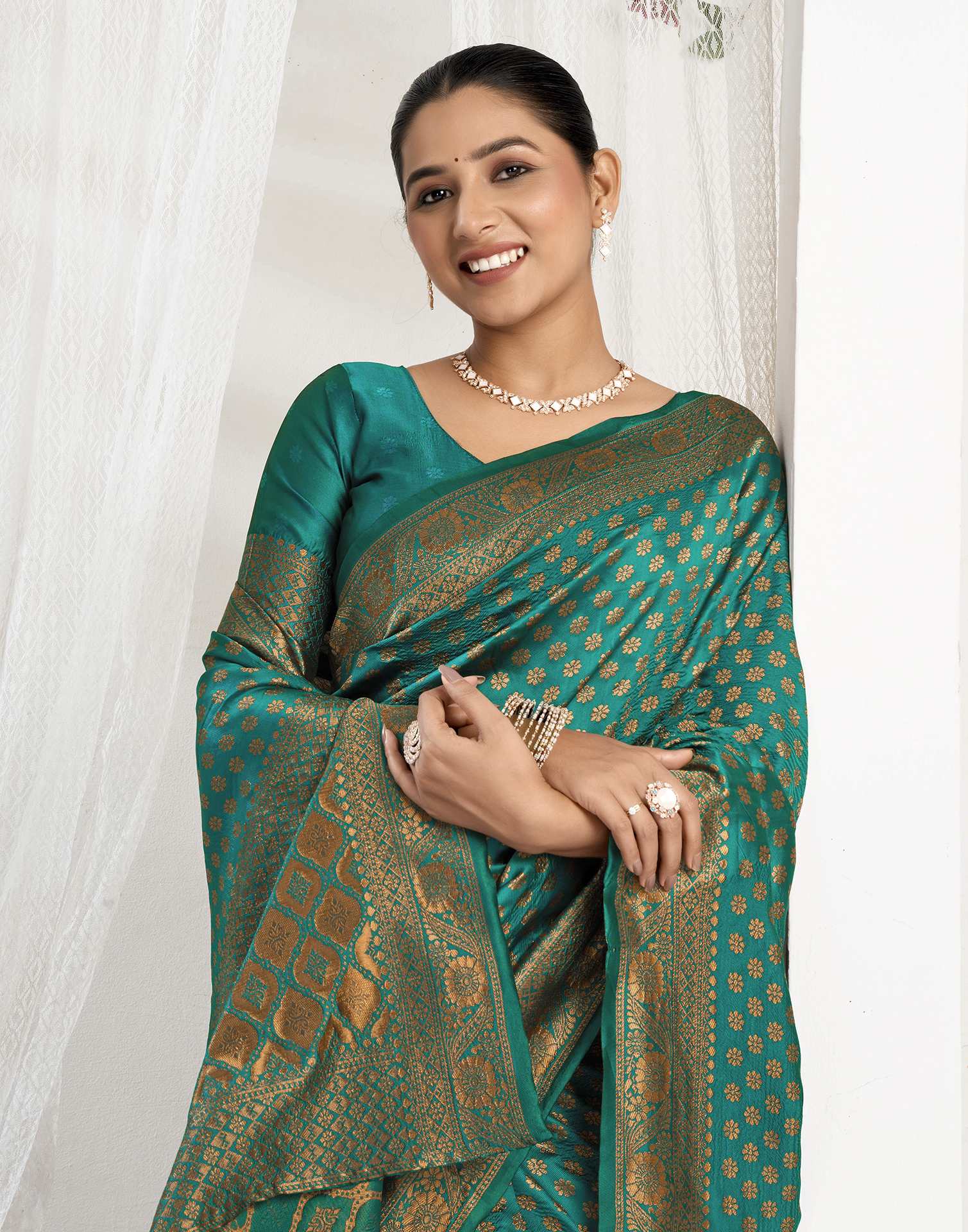 Teal Green Silk Woven Banarasi Saree - Image 2