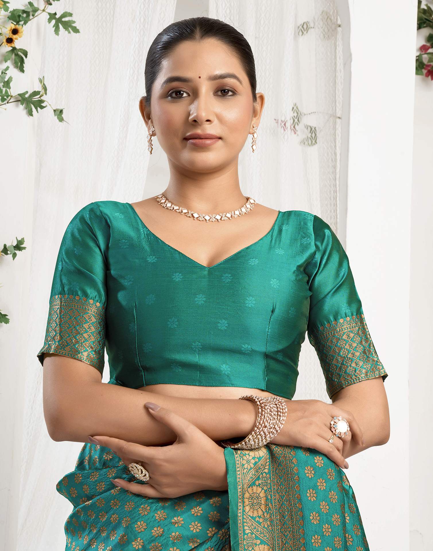 Teal Green Silk Woven Banarasi Saree - Image 8