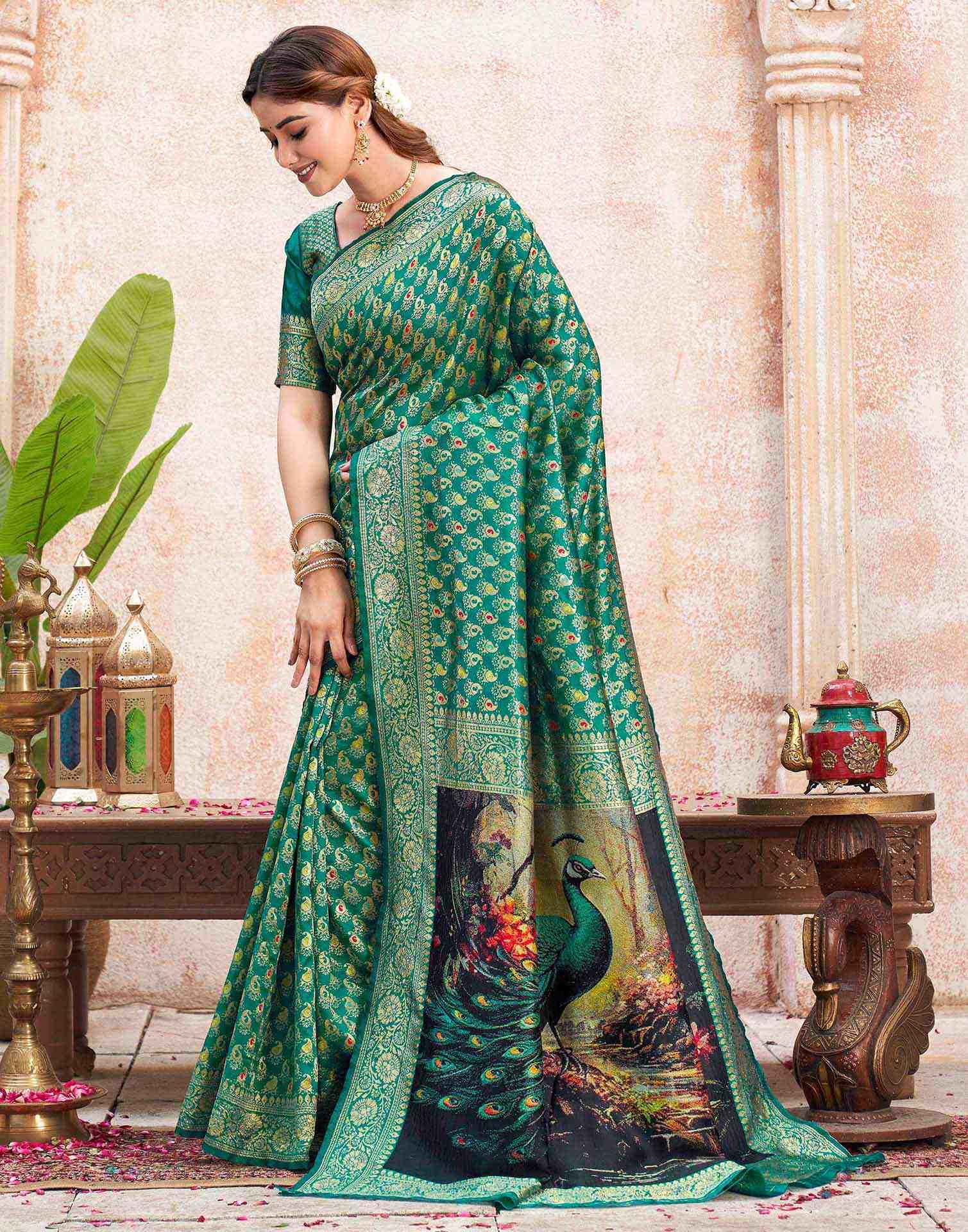 Teal Green Silk Woven Banarasi Saree - Image 4