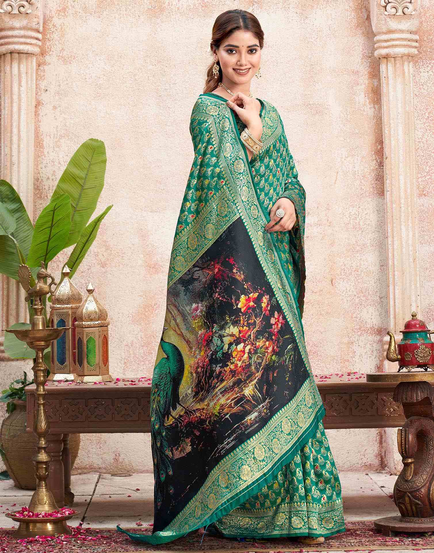 Teal Green Silk Woven Banarasi Saree - Image 5
