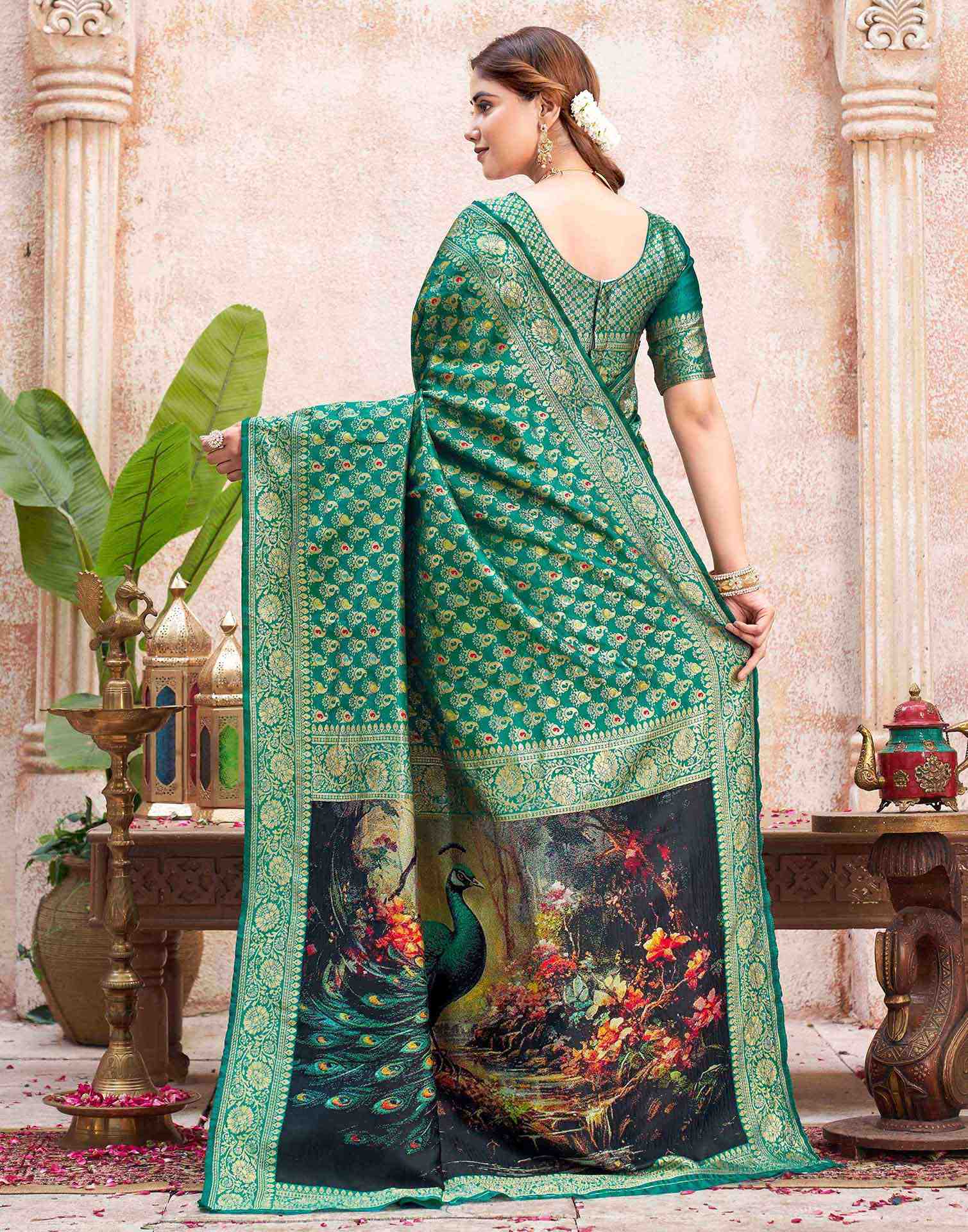 Teal Green Silk Woven Banarasi Saree - Image 6