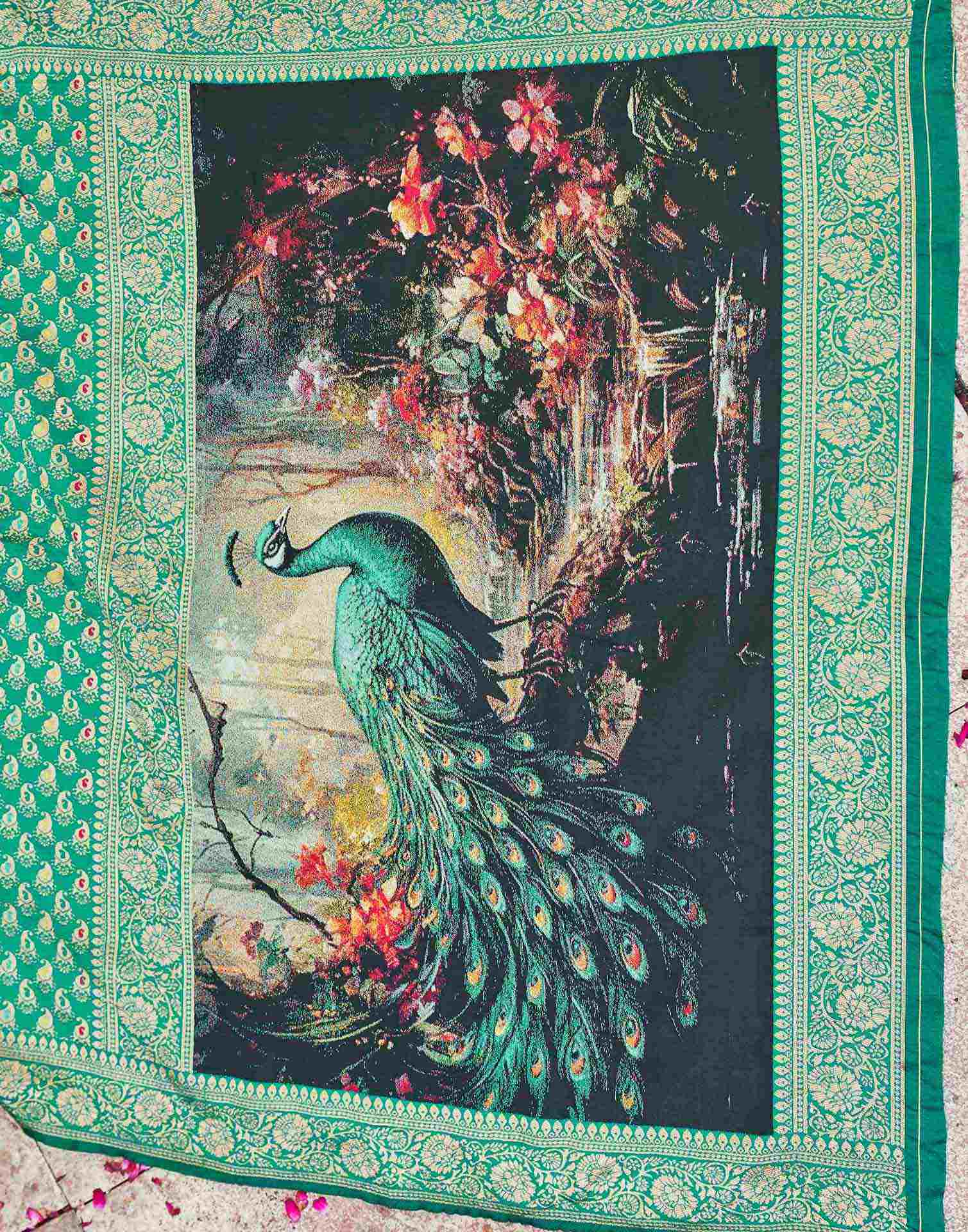 Teal Green Silk Woven Banarasi Saree - Image 7