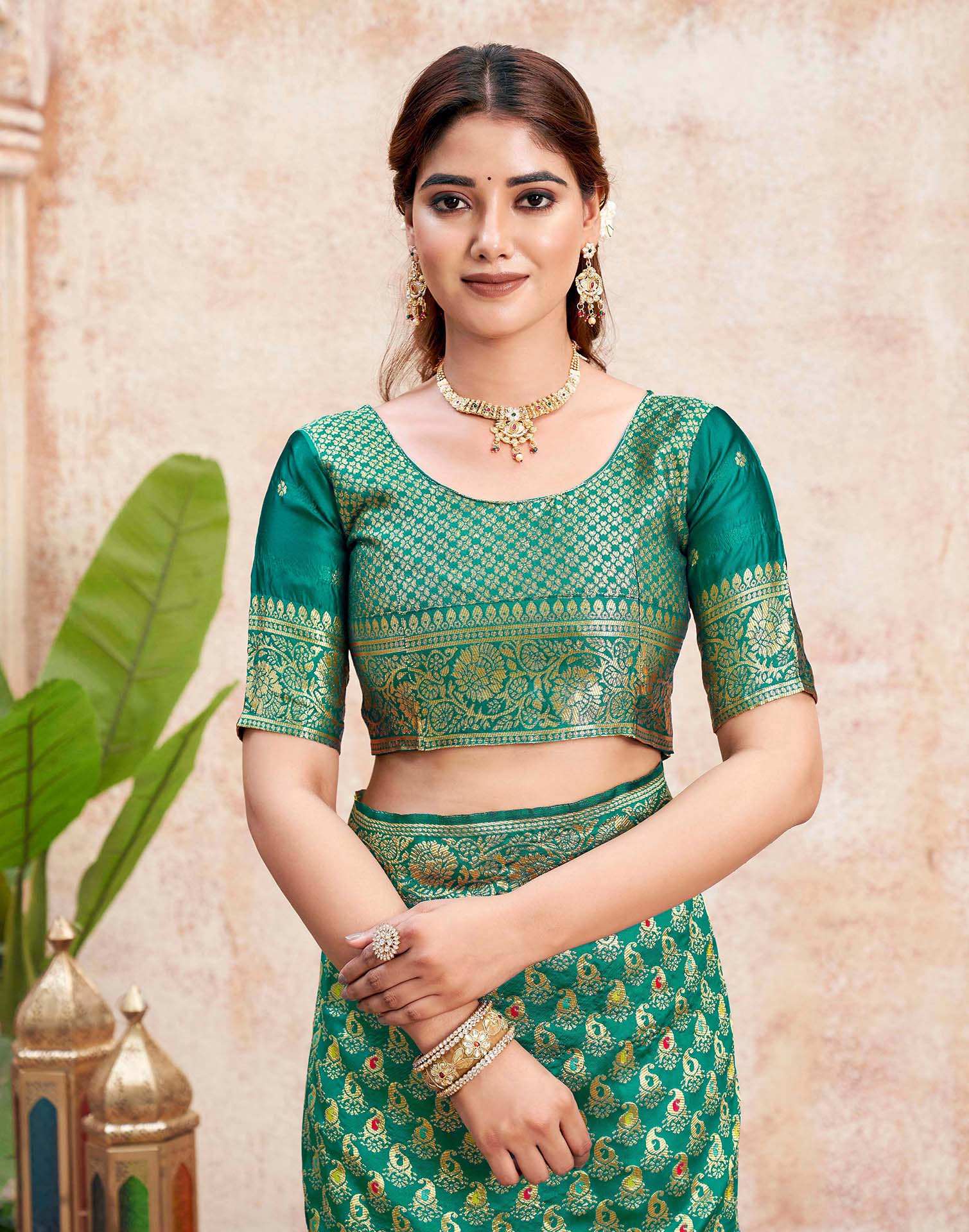 Teal Green Silk Woven Banarasi Saree - Image 9