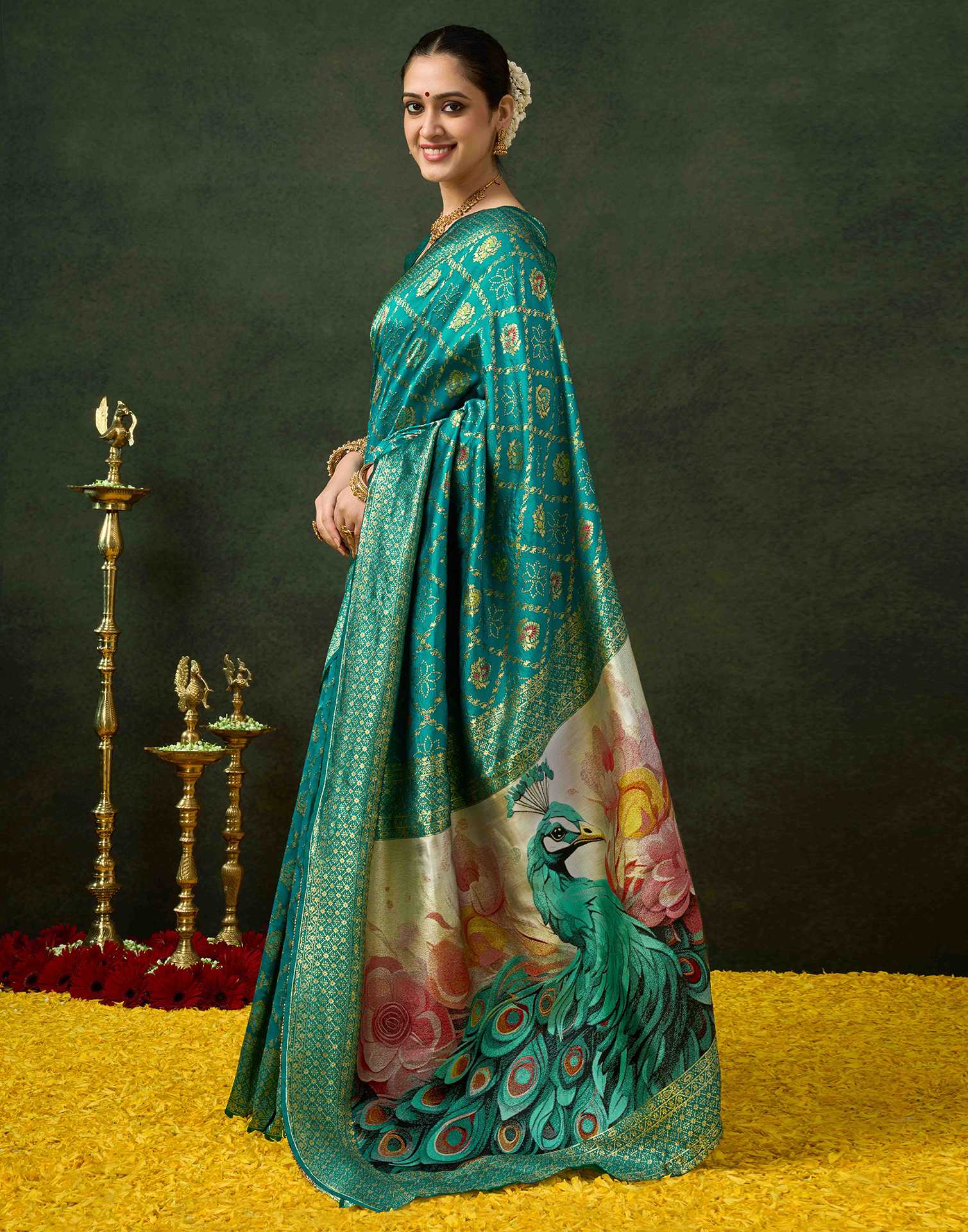 Teal Green Silk Woven Banarasi Saree - Image 5