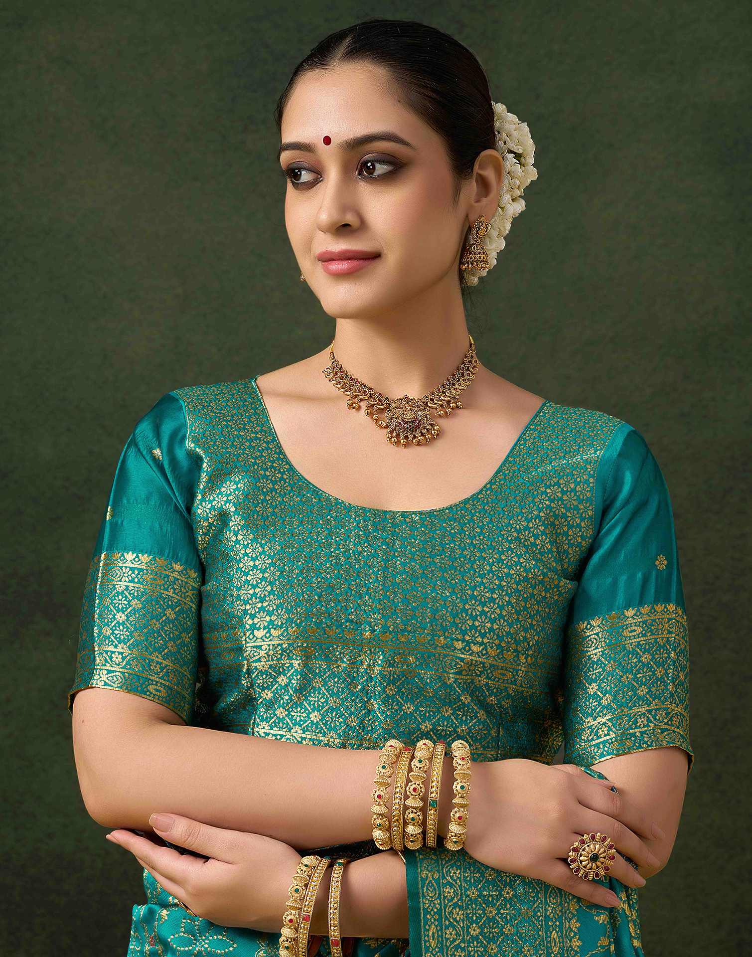 Teal Green Silk Woven Banarasi Saree - Image 7
