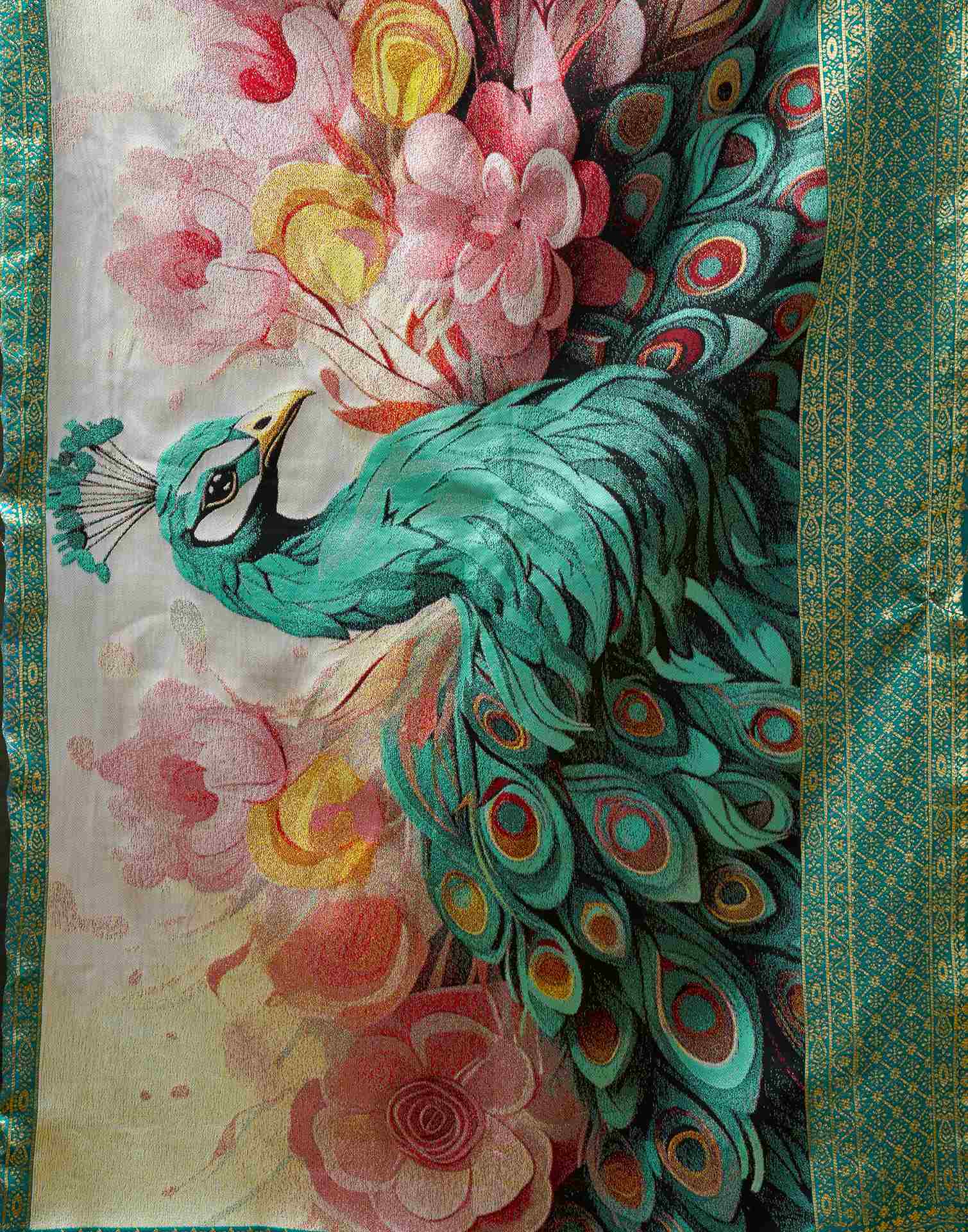Teal Green Silk Woven Banarasi Saree - Image 8