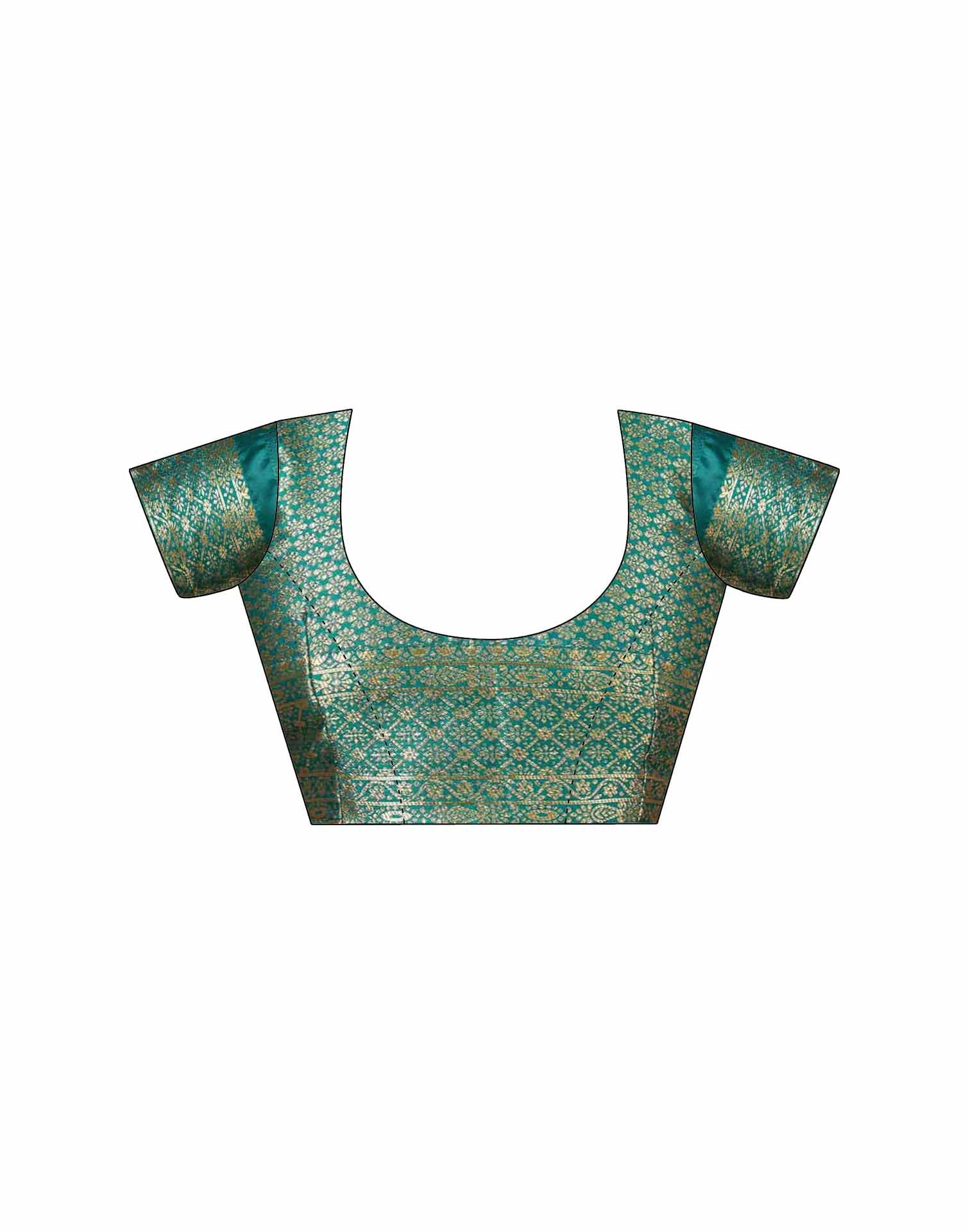 Teal Green Silk Woven Banarasi Saree - Image 9
