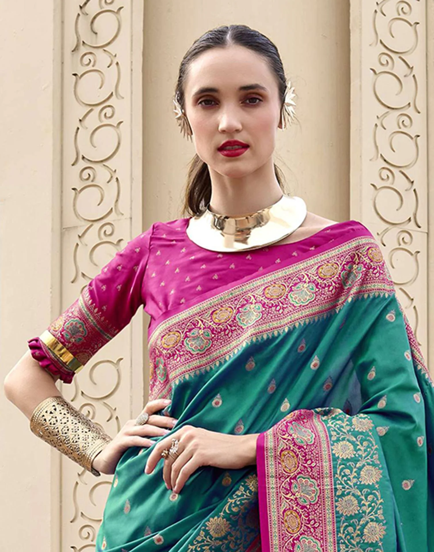Teal Green Silk Woven Banarasi Saree - Image 2