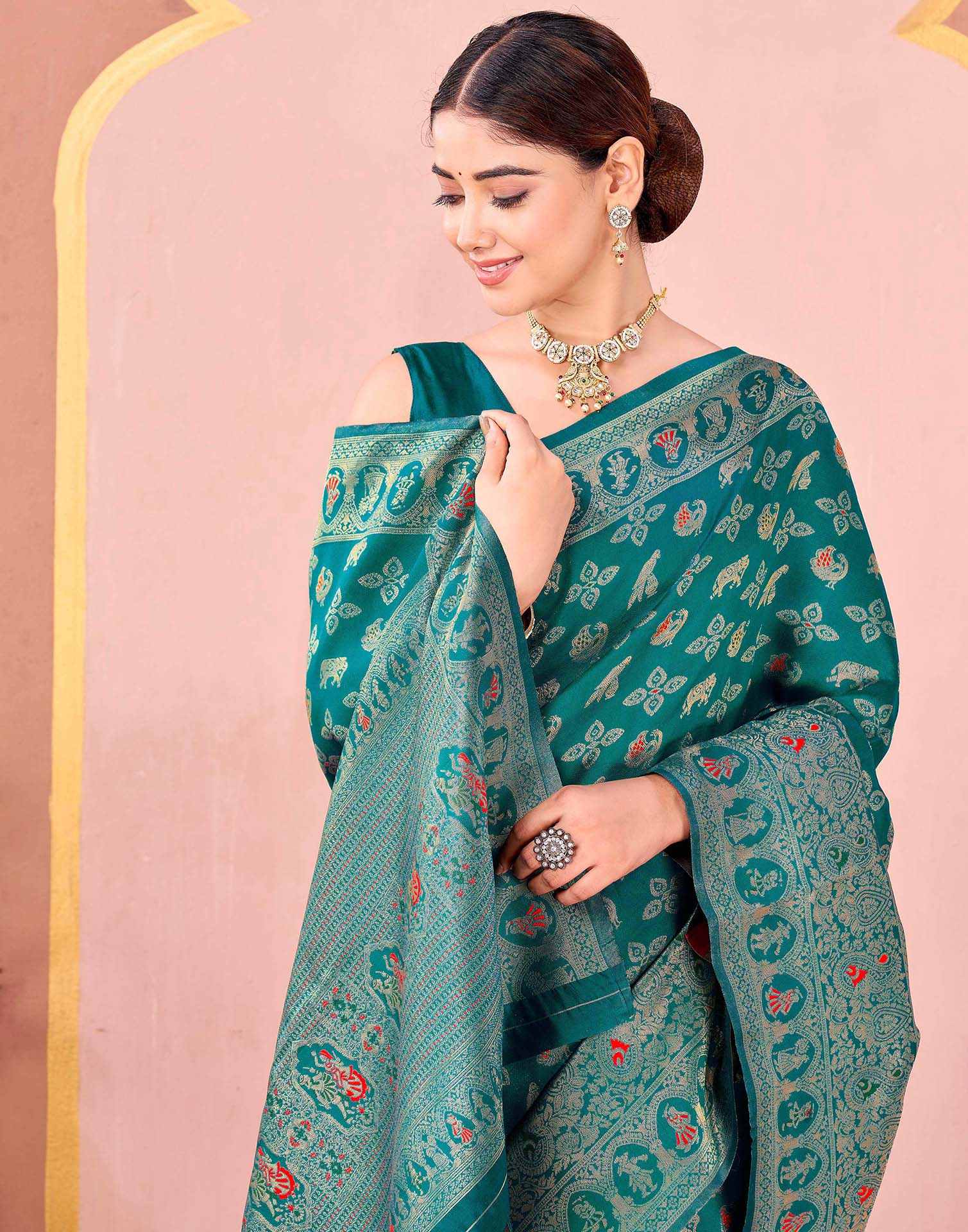 Teal Green Silk Woven Banarasi Saree - Image 2