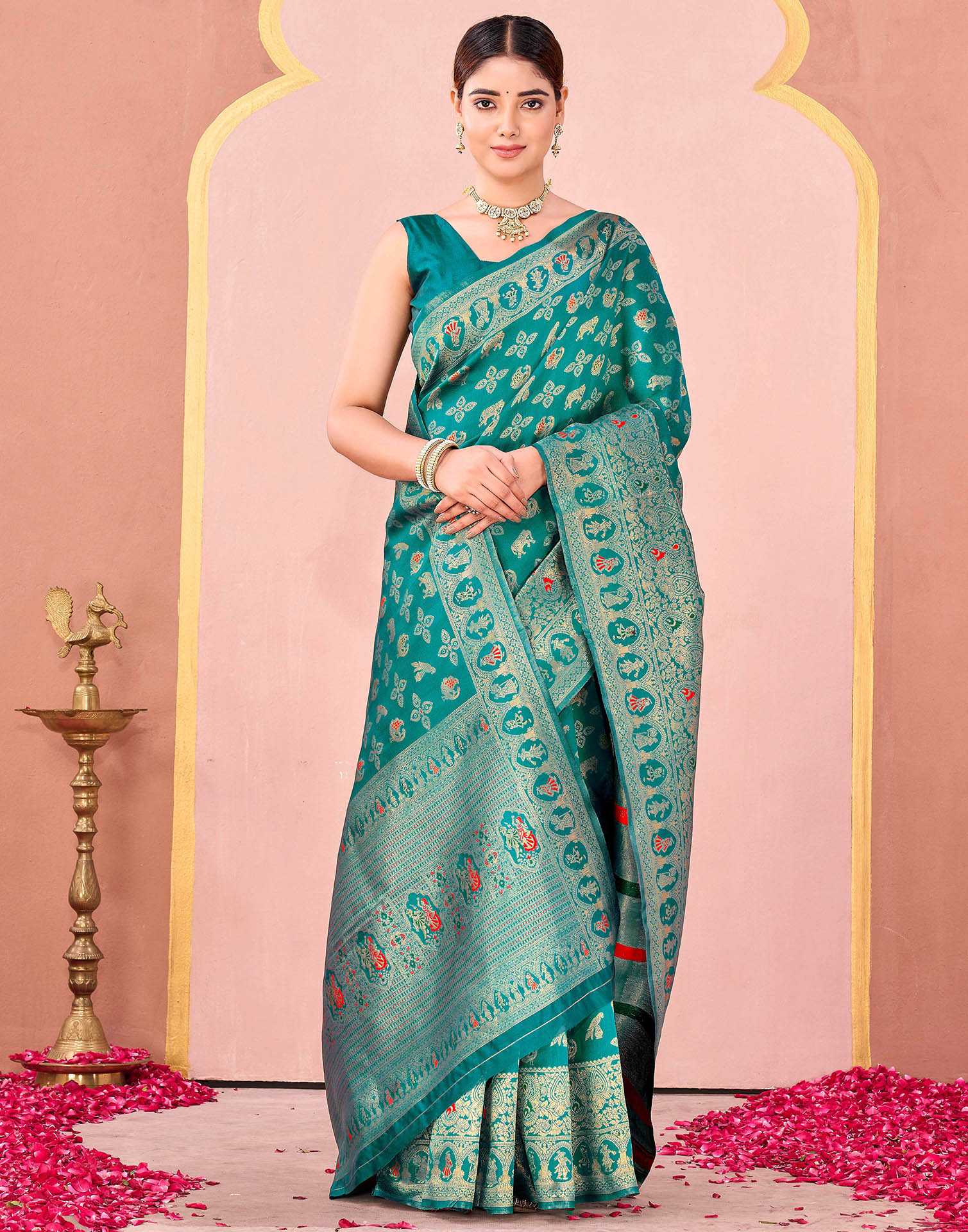Teal Green Silk Woven Banarasi Saree - Image 5
