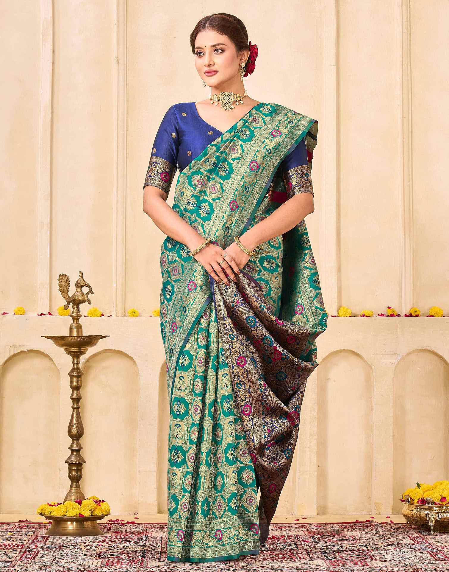 Teal Green Silk Woven Banarasi Saree - Image 5