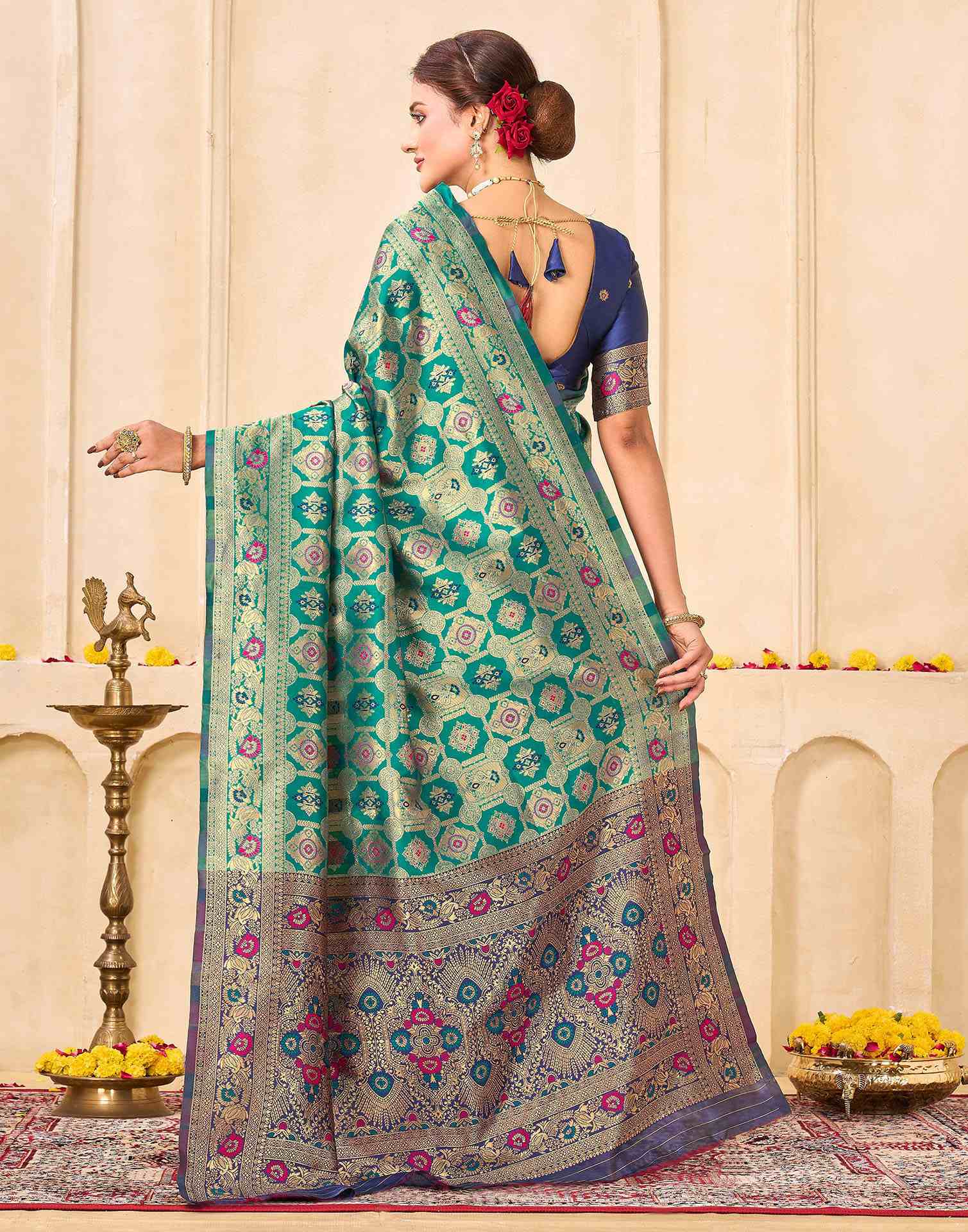 Teal Green Silk Woven Banarasi Saree - Image 6