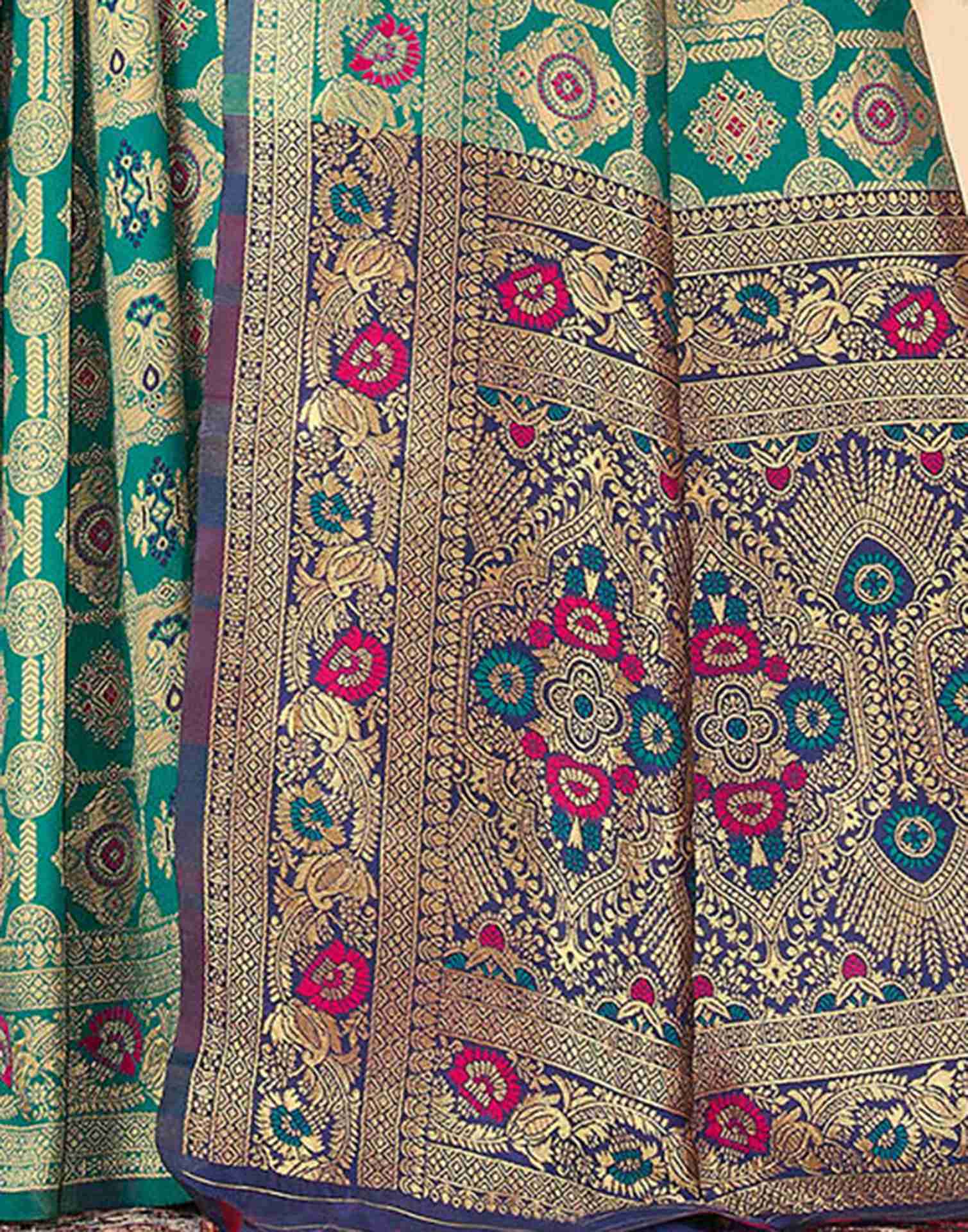 Teal Green Silk Woven Banarasi Saree - Image 7