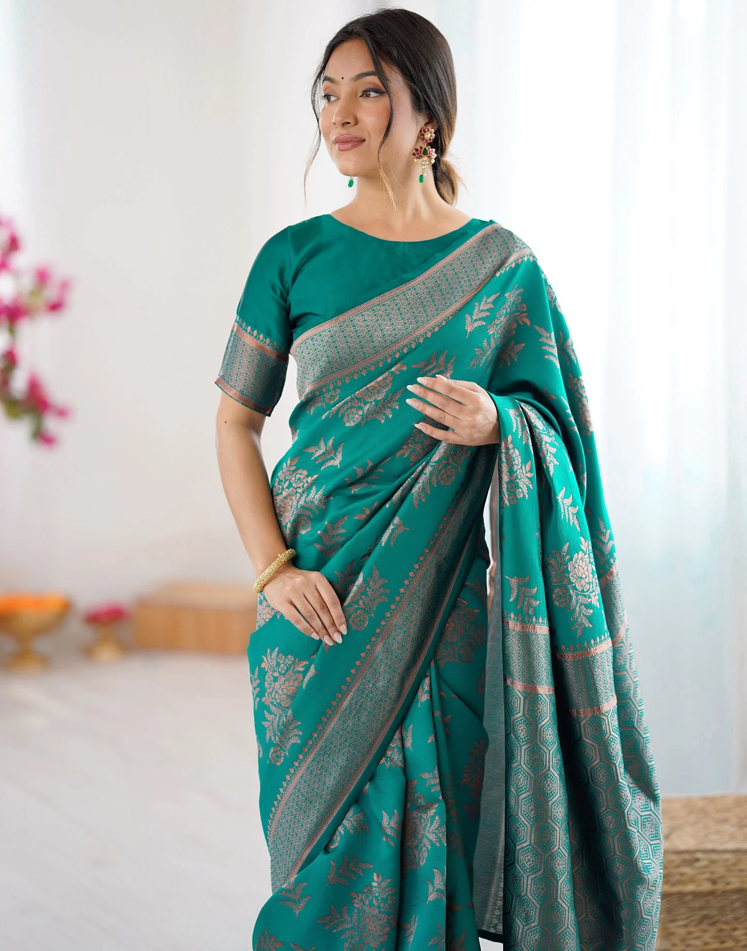 Teal Green Silk Woven Banarasi Saree - Image 2