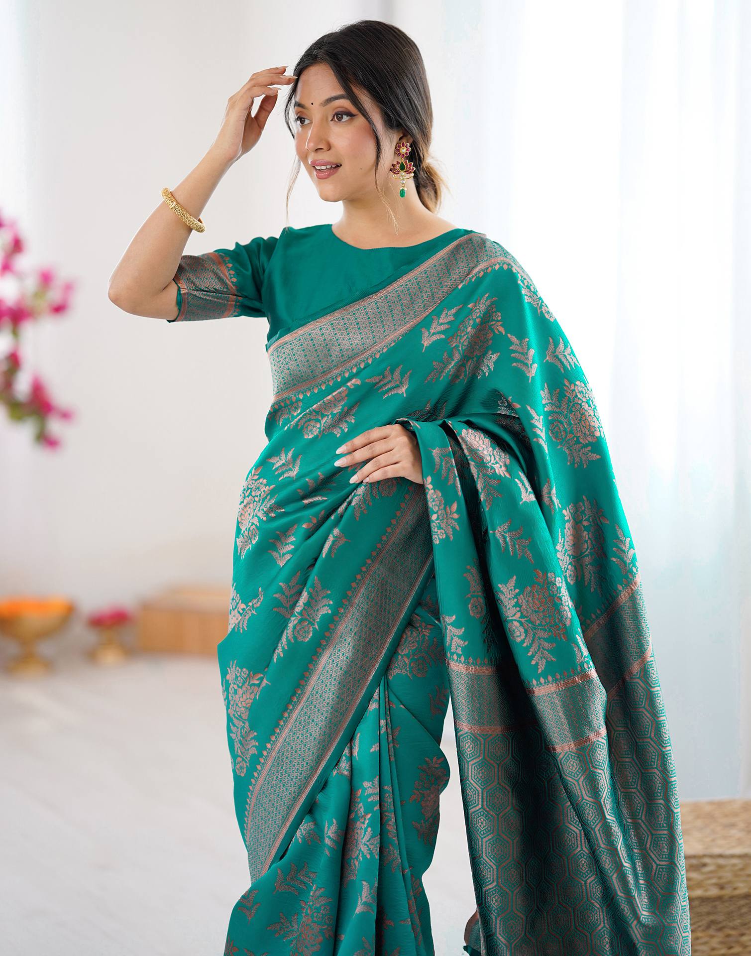 Teal Green Silk Woven Banarasi Saree - Image 4