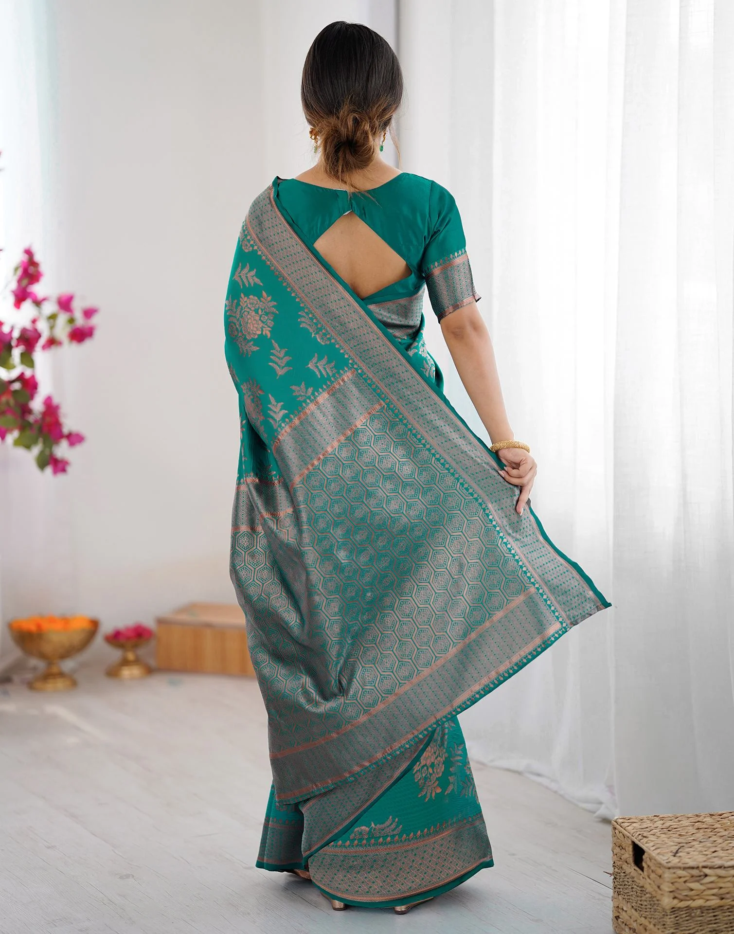 Teal Green Silk Woven Banarasi Saree - Image 8