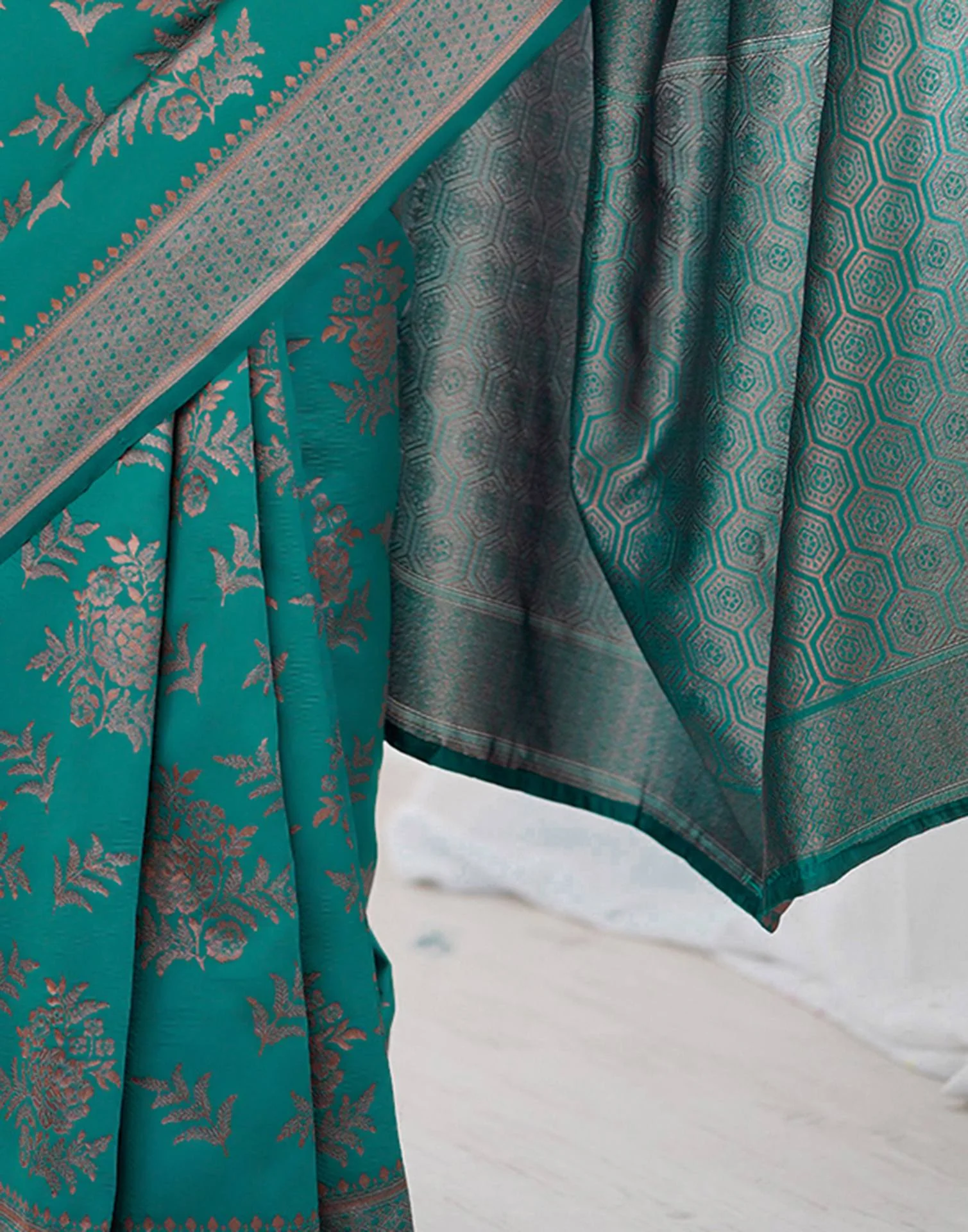 Teal Green Silk Woven Banarasi Saree - Image 9