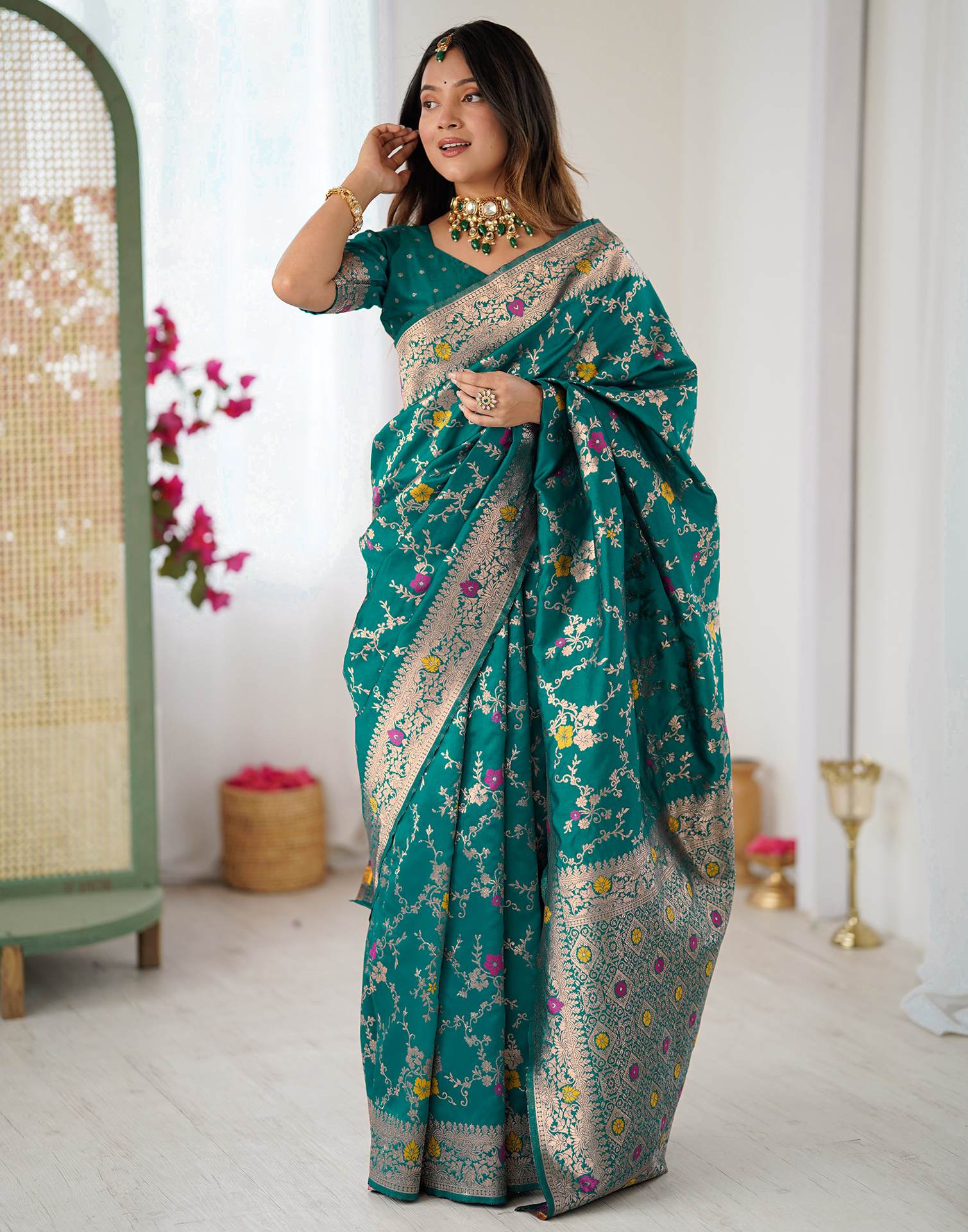 Teal Green Silk Woven Banarasi Saree - Image 10