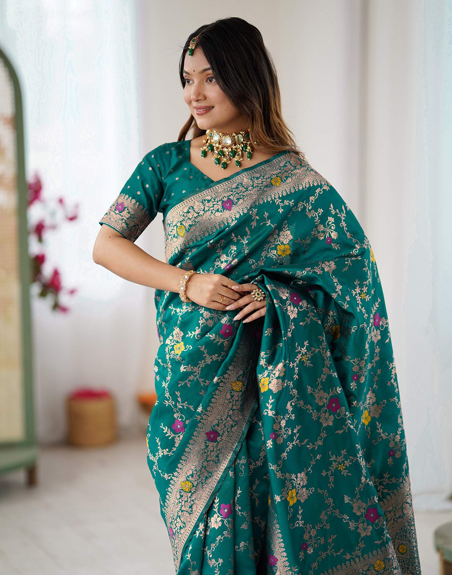 Teal Green Silk Woven Banarasi Saree - Image 4