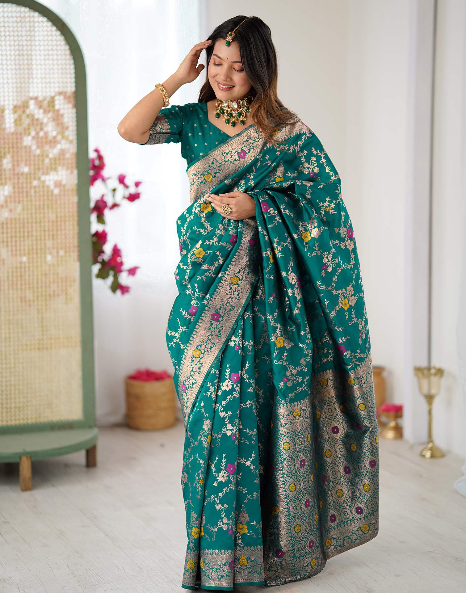 Teal Green Silk Woven Banarasi Saree - Image 6