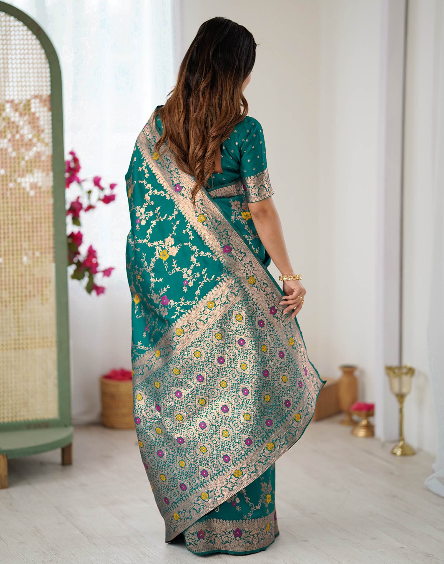 Teal Green Silk Woven Banarasi Saree - Image 7