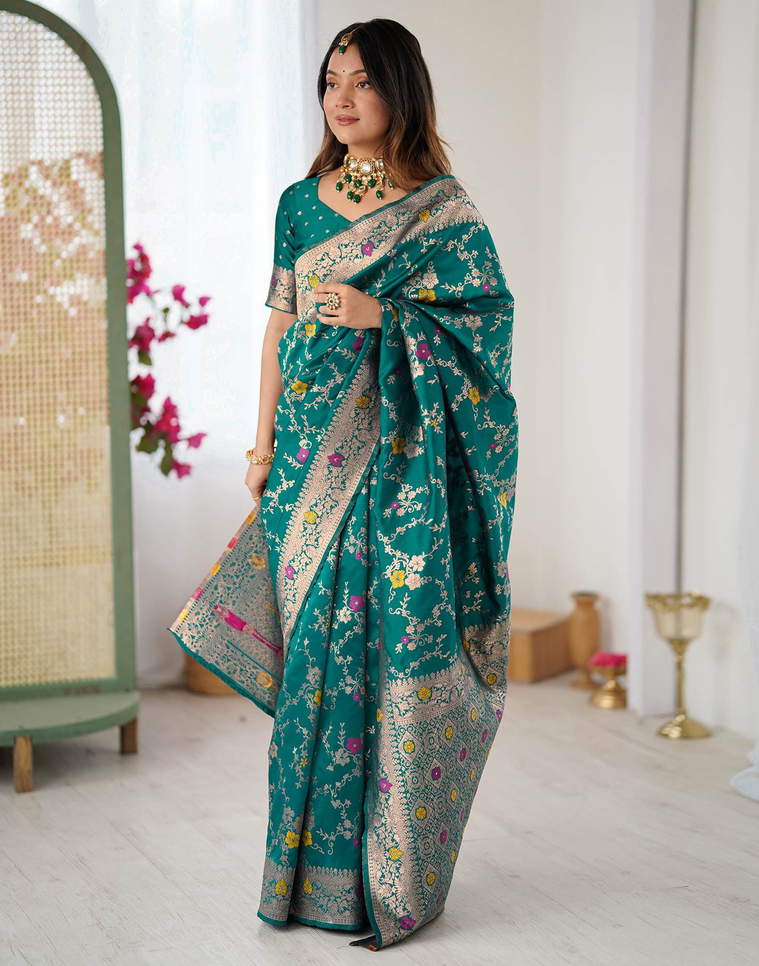 Teal Green Silk Woven Banarasi Saree - Image 8