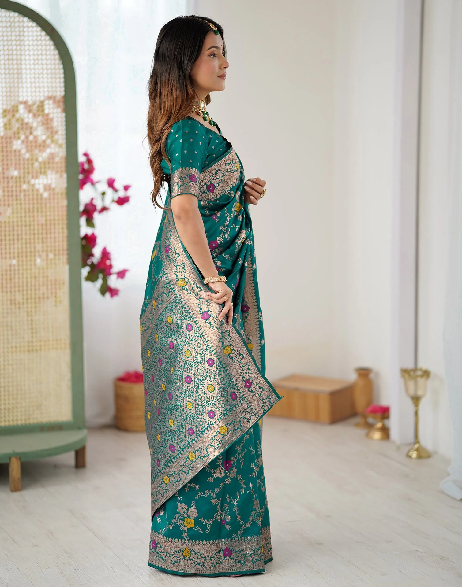Teal Green Silk Woven Banarasi Saree - Image 9