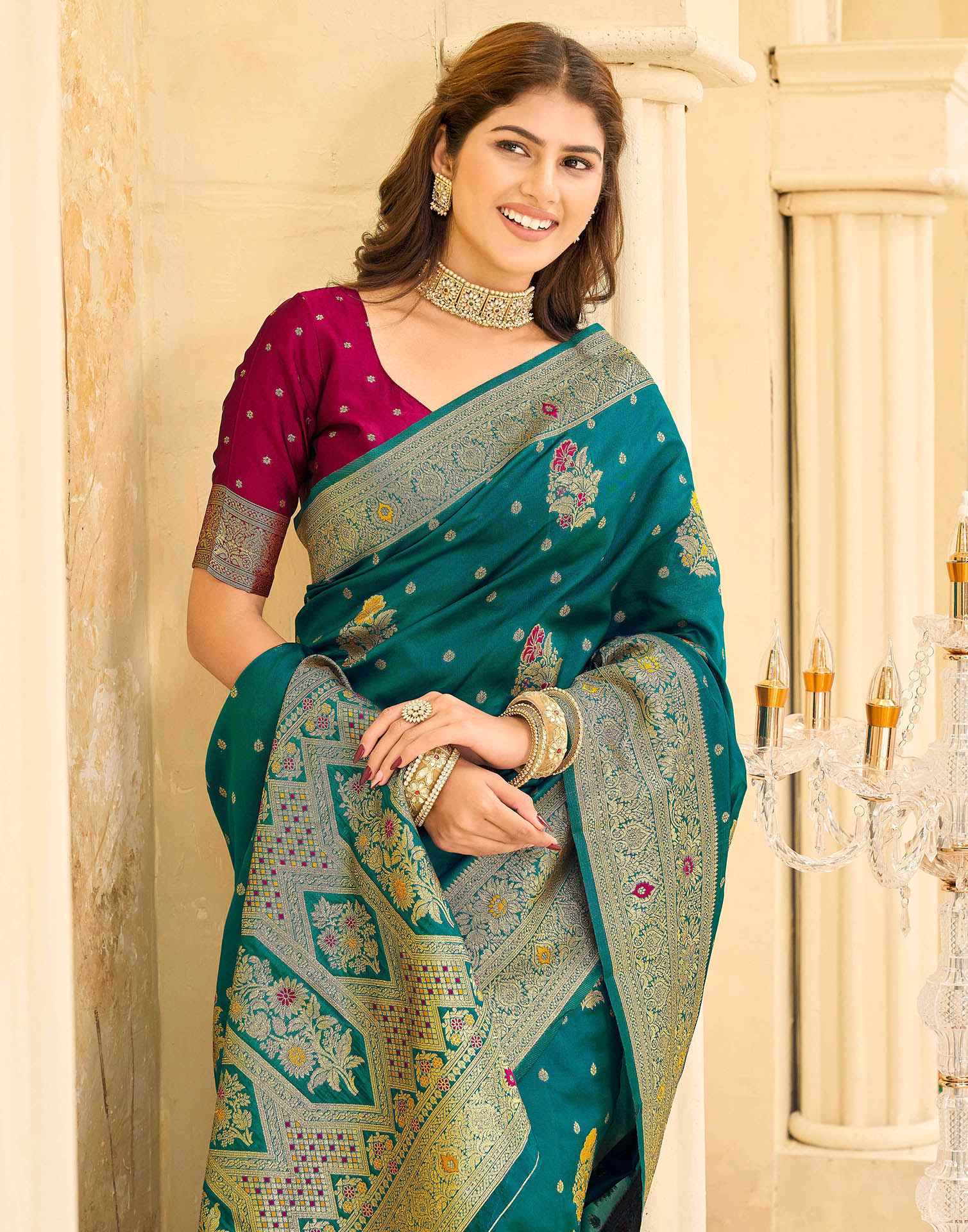 Teal Green Silk Woven Banarasi Saree - Image 2