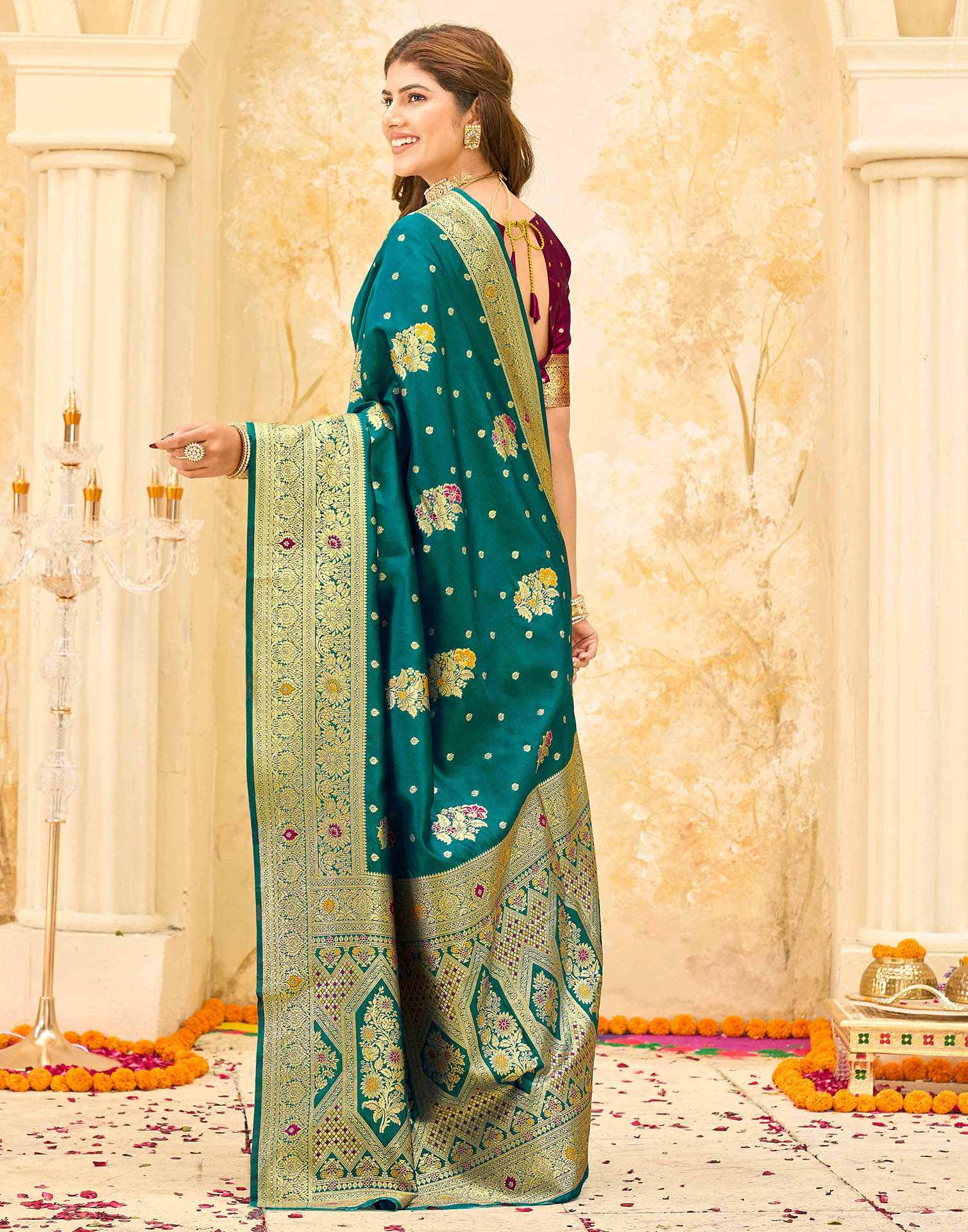 Teal Green Silk Woven Banarasi Saree - Image 6