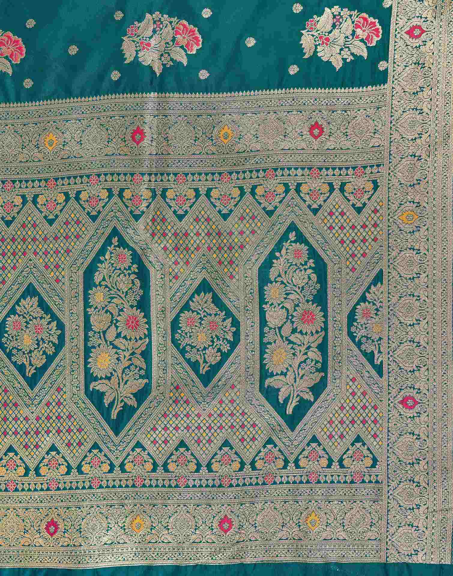Teal Green Silk Woven Banarasi Saree - Image 8
