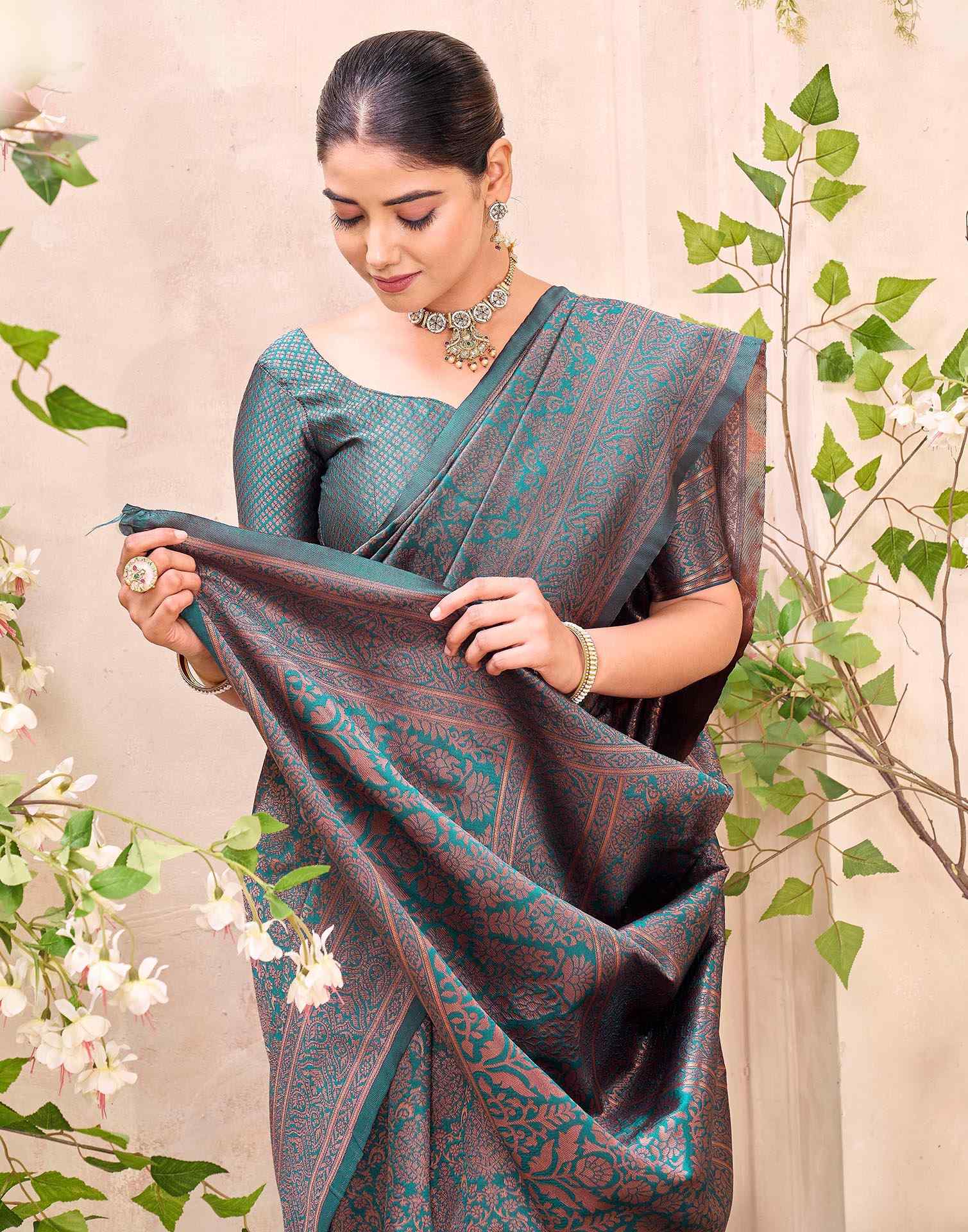 Teal Green Silk Woven Banarasi Saree - Image 2