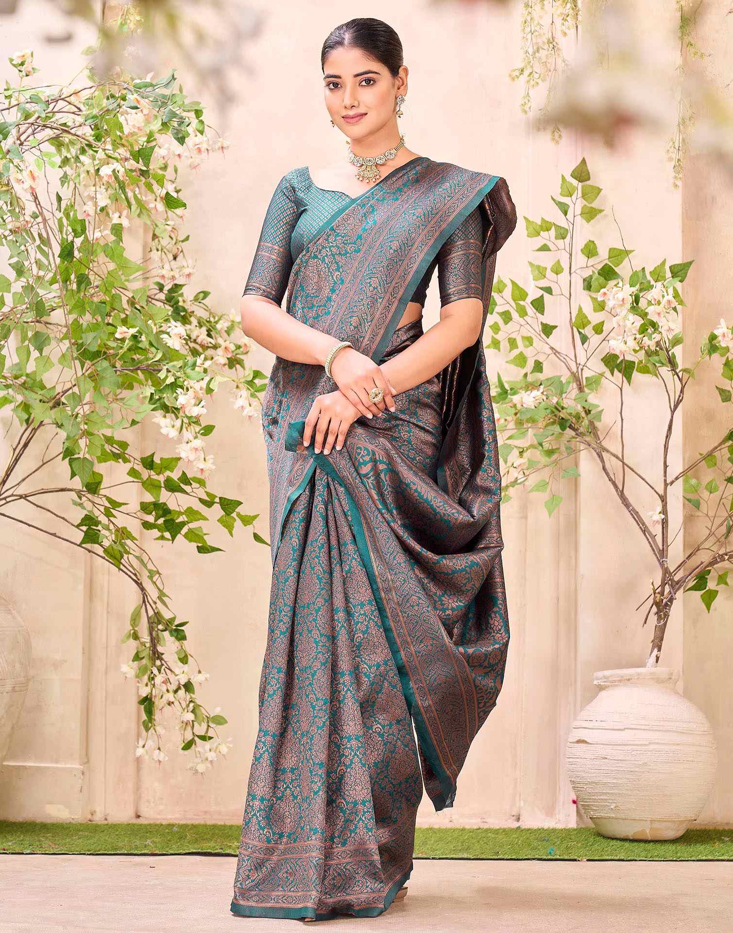 Teal Green Silk Woven Banarasi Saree - Image 5