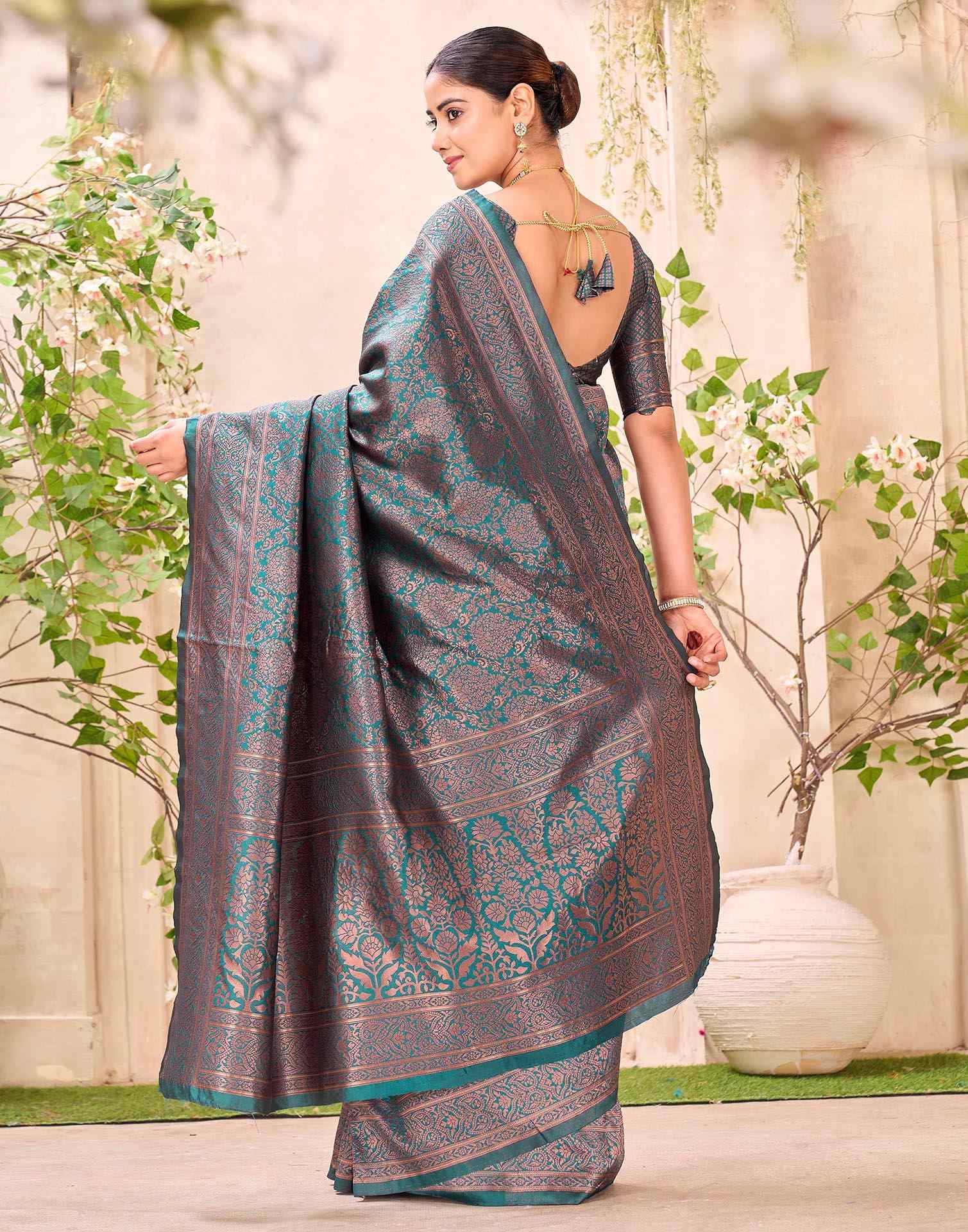 Teal Green Silk Woven Banarasi Saree - Image 6