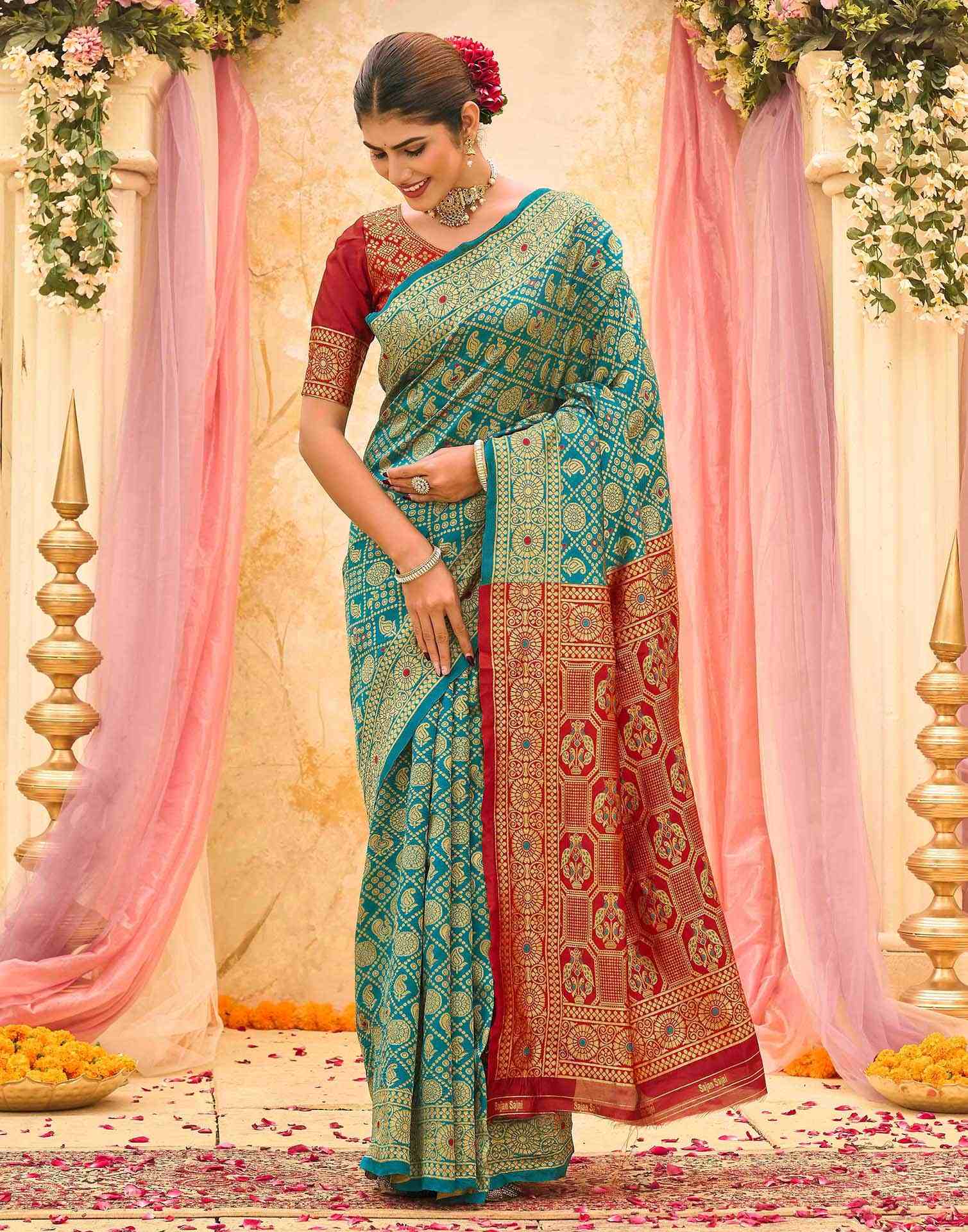 Teal Green Silk Woven Banarasi Saree - Image 2