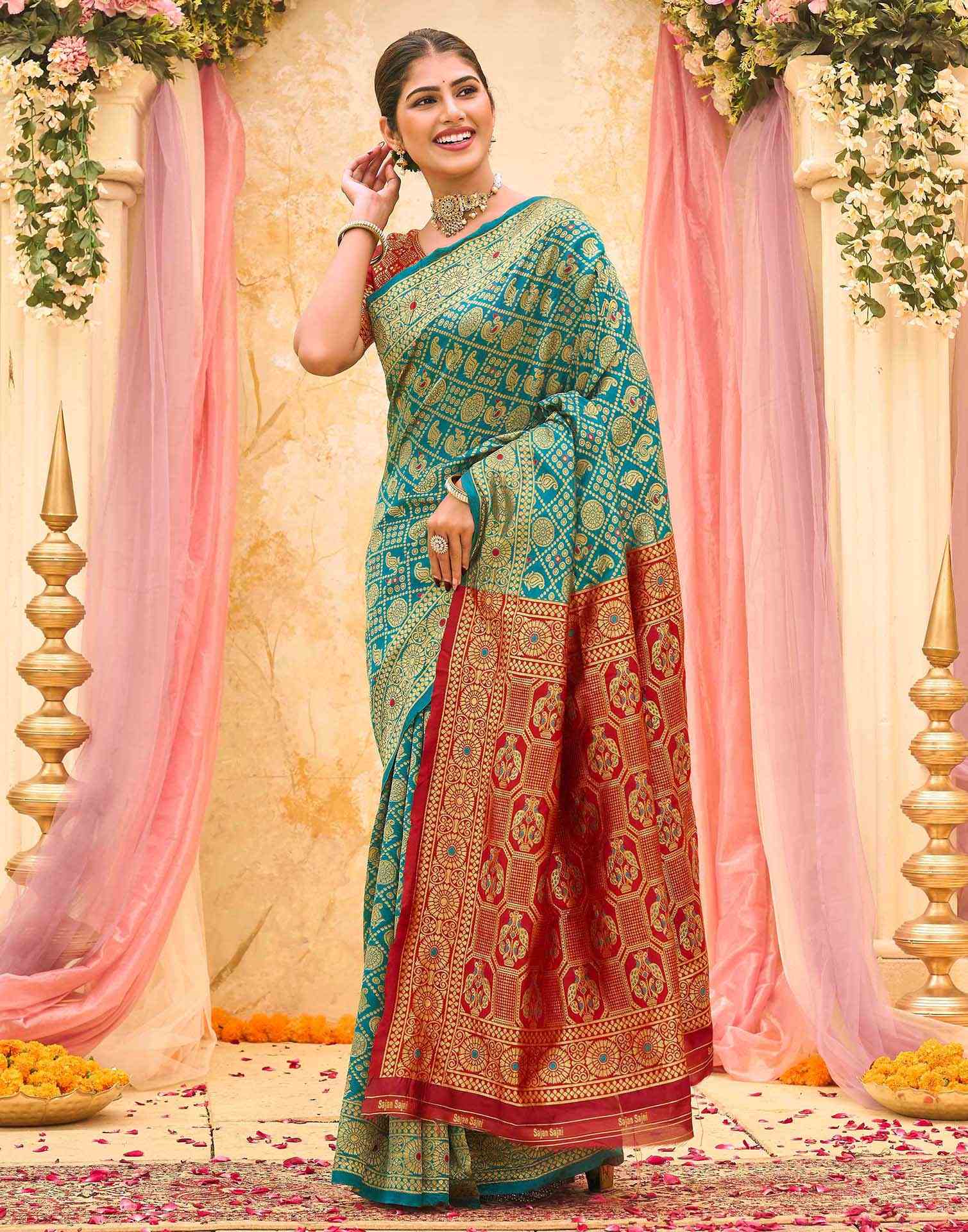 Teal Green Silk Woven Banarasi Saree - Image 4