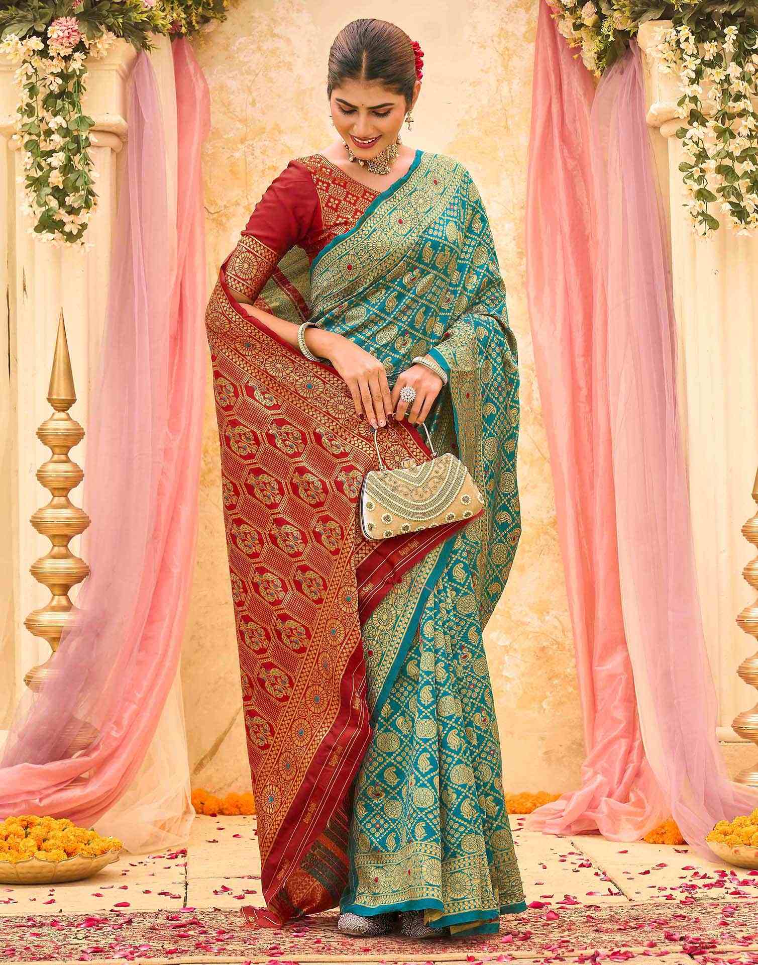 Teal Green Silk Woven Banarasi Saree - Image 5
